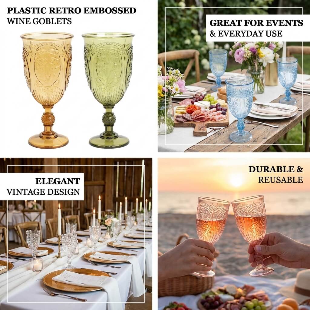 24-Pack Plastic Vintage Goblets – 10oz Transparent Dusty Blue Retro Embossed Wine Glasses, Elegant Water & Juice Cups - 7" Tall - Image 4