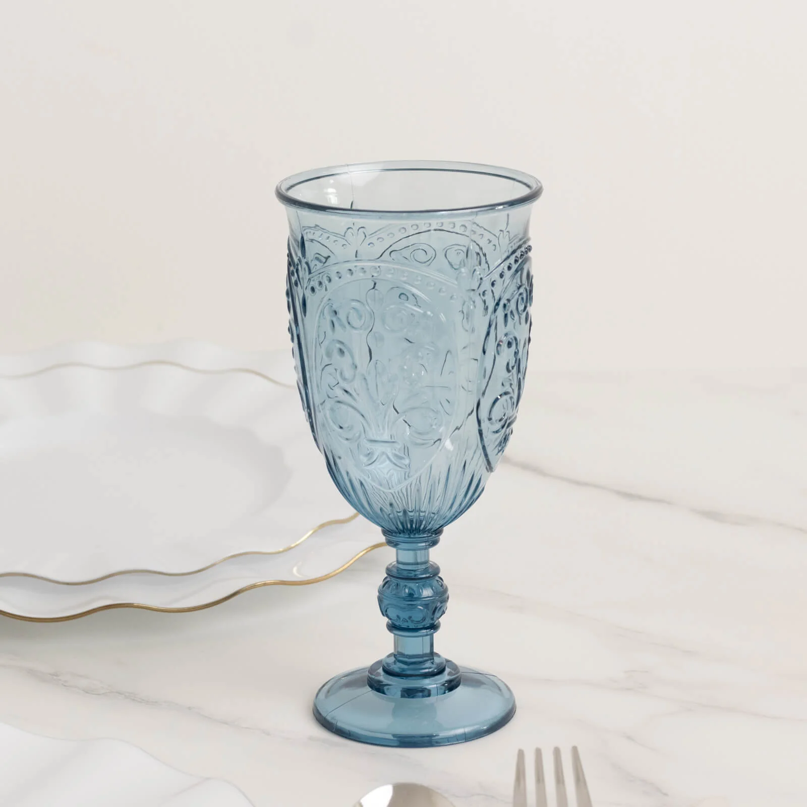 24-Pack Plastic Vintage Goblets – 10oz Transparent Dusty Blue Retro Embossed Wine Glasses, Elegant Water & Juice Cups - 7" Tall - Image 6