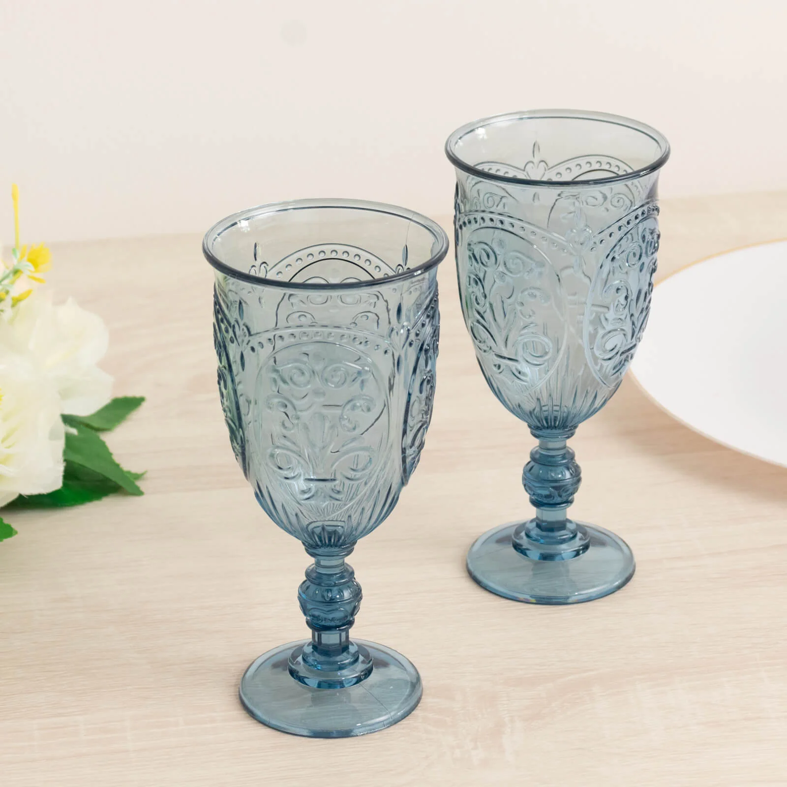 24-Pack Plastic Vintage Goblets – 10oz Transparent Dusty Blue Retro Embossed Wine Glasses, Elegant Water & Juice Cups - 7" Tall - Image 7