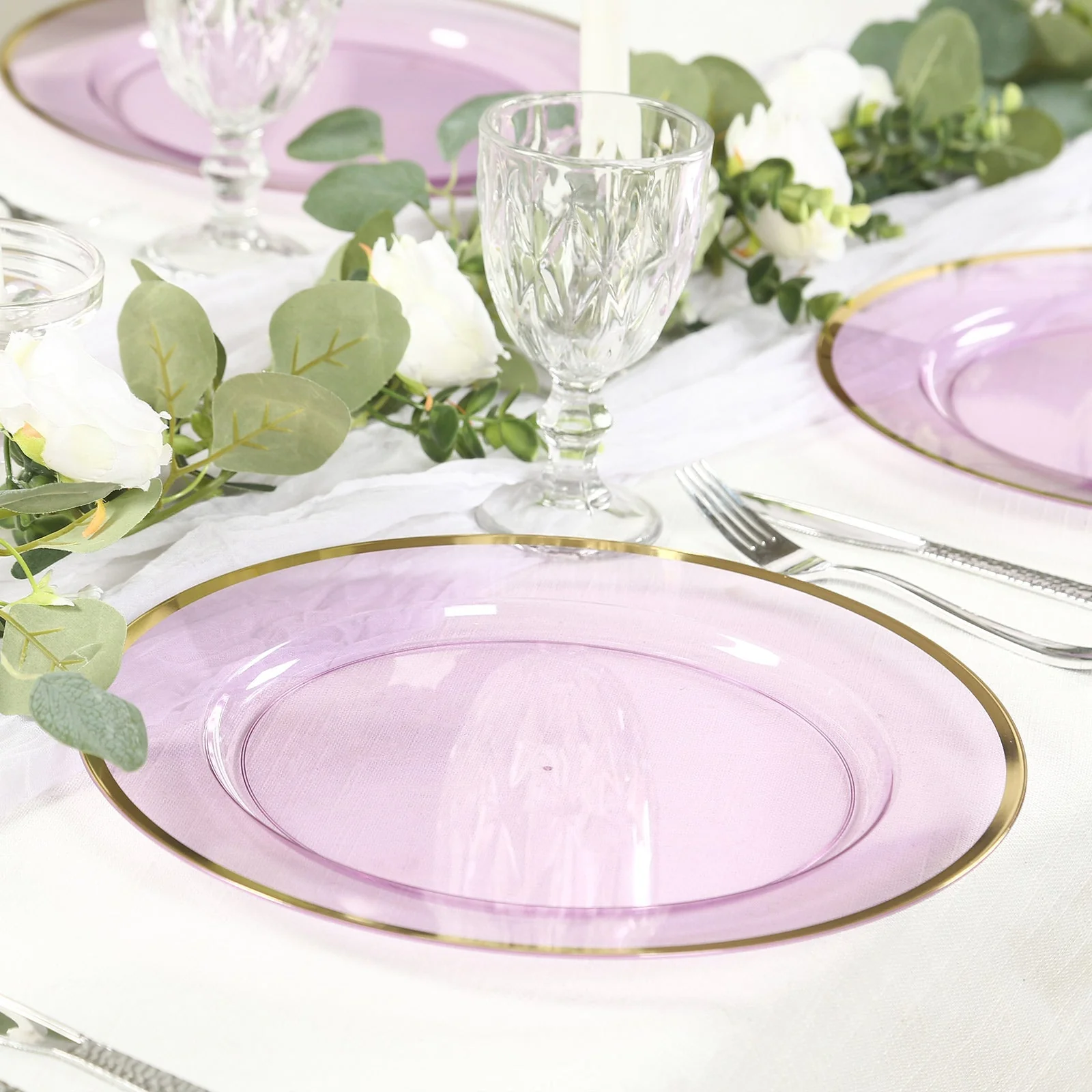 10 Pack Purple Economy Plastic Charger Plates With Gold Rim, Round Transparent Dinner Chargers Event Tabletop Decor - 12" - Image 3