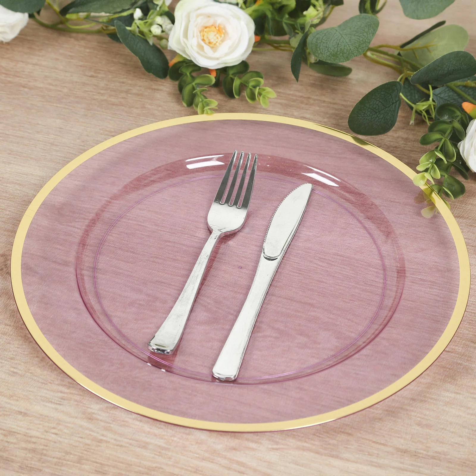 10 Pack Purple Economy Plastic Charger Plates With Gold Rim, Round Transparent Dinner Chargers Event Tabletop Decor - 12" - Image 7