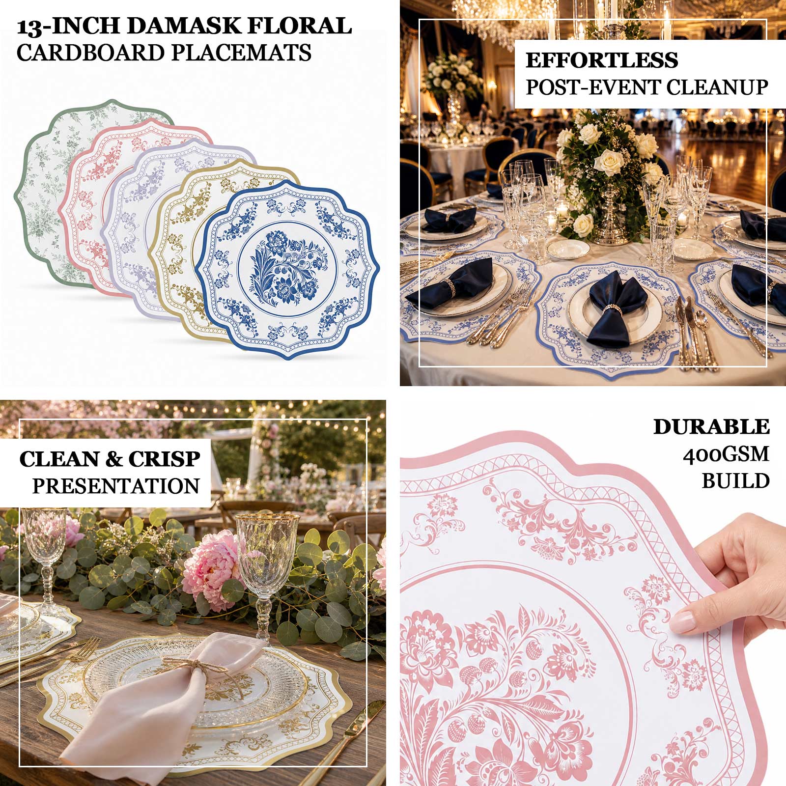 10 Pack Cardboard Paper Placemats with White Gold Damask Floral Pattern, 13" Round Disposable Table Mats with Scalloped Rim - 400 GSM - Image 3