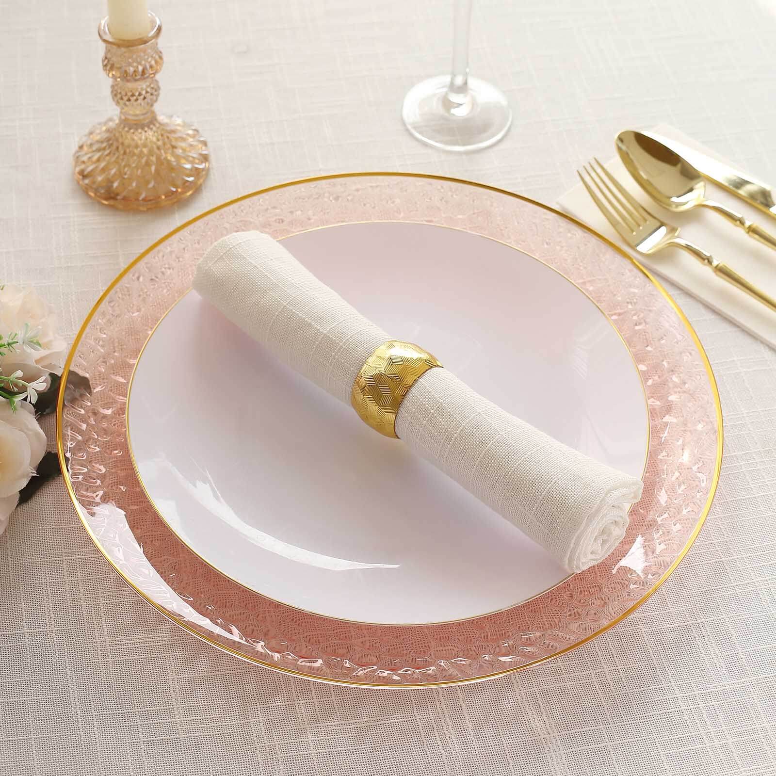 10 Pack Economy Plastic Charger Plates 13" Round Transparent Blush Hammered Design with Gold Rim - Decorative Dinner Party Serving Plates - Image 2