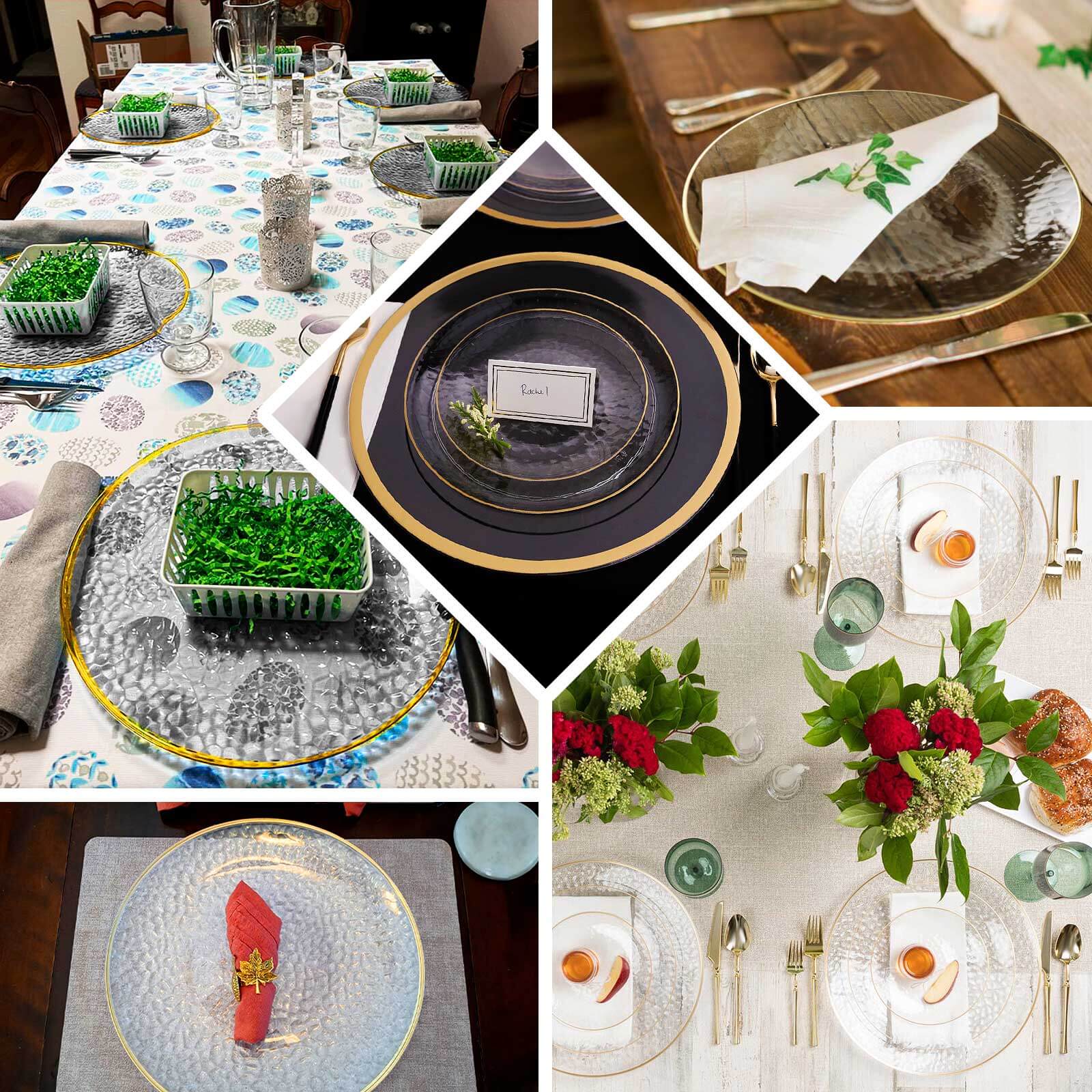 10 Pack Economy Plastic Charger Plates 13" Round Transparent Blush Hammered Design with Gold Rim - Decorative Dinner Party Serving Plates - Image 5