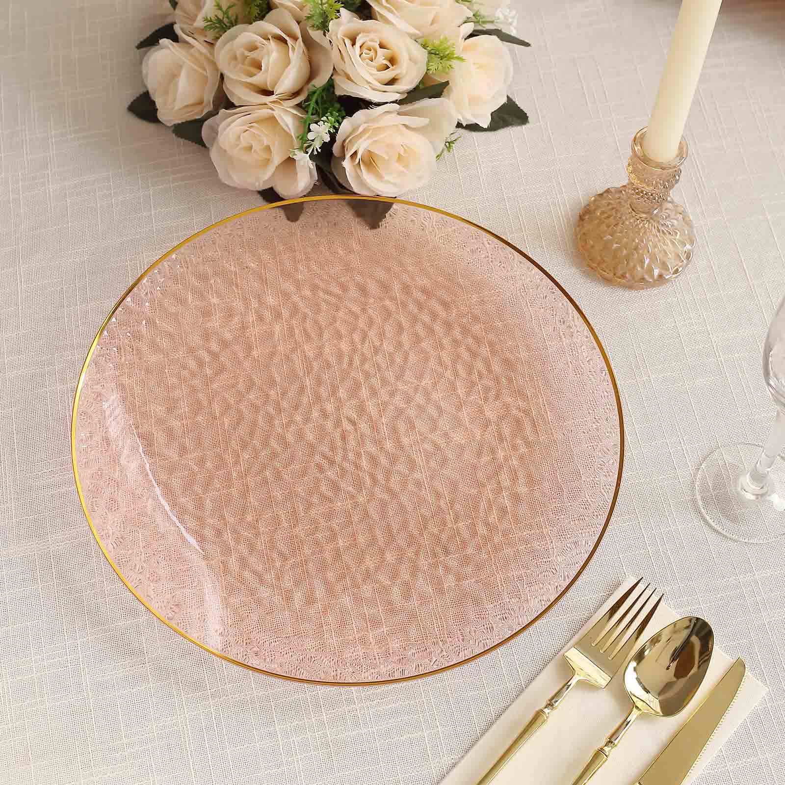 10 Pack Economy Plastic Charger Plates 13" Round Transparent Blush Hammered Design with Gold Rim - Decorative Dinner Party Serving Plates - Image 6