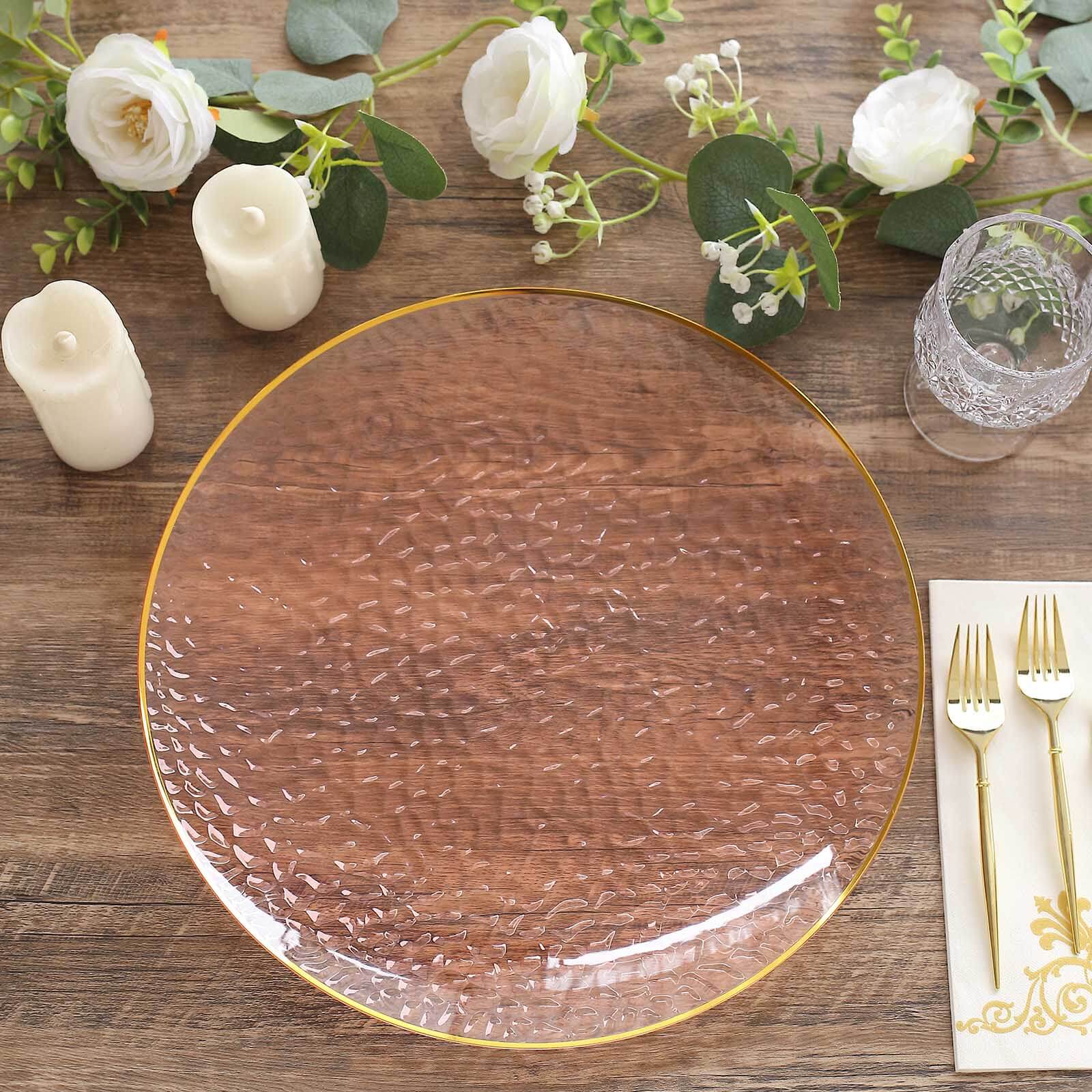 10 Pack Economy Plastic Charger Plates 13" Round Transparent Blush Hammered Design with Gold Rim - Decorative Dinner Party Serving Plates - Image 8