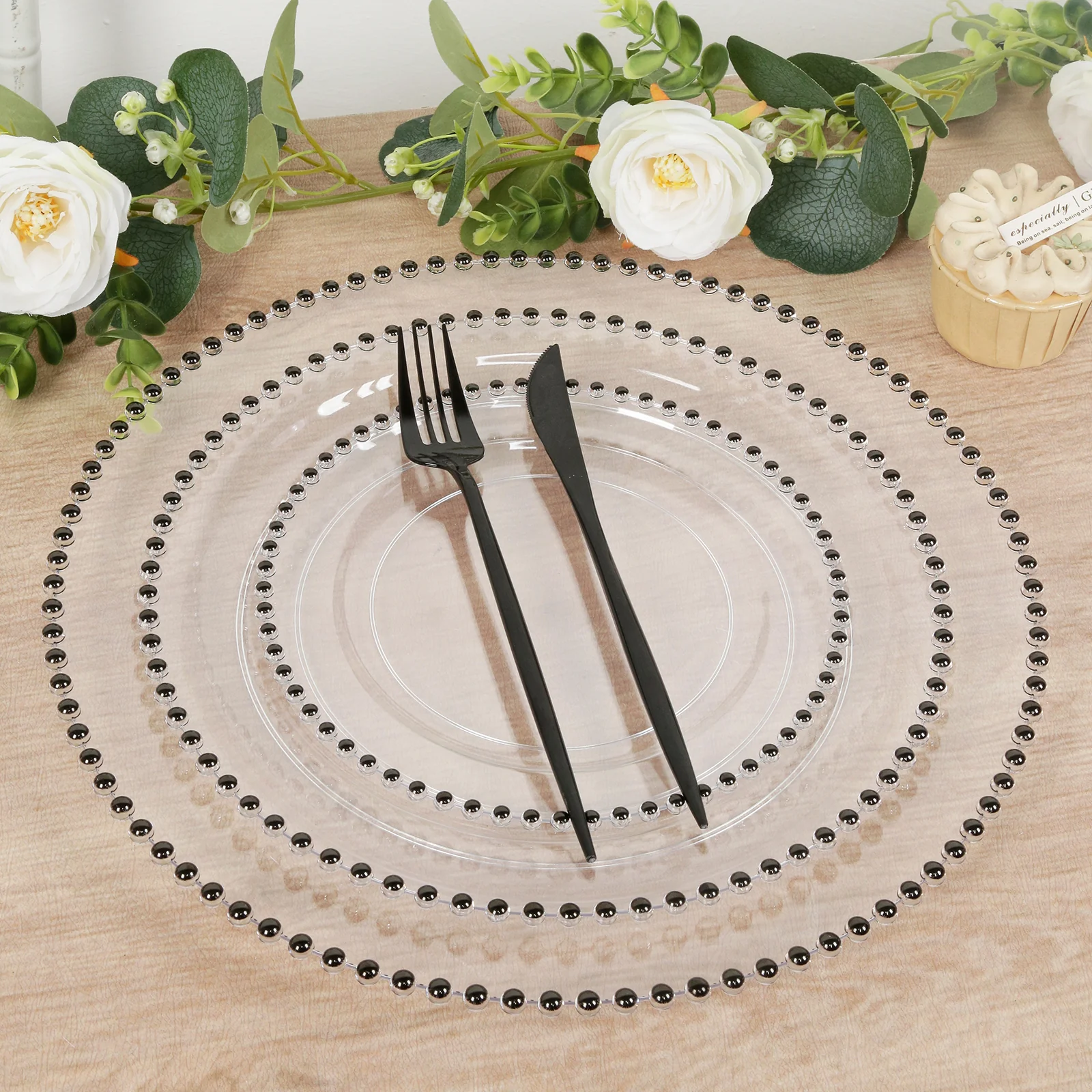 10-Pack Economy Plastic Charger Plates 13" Round Clear with Black Beaded Rim - Stylish Dinner Party Serving Plates - Image 7
