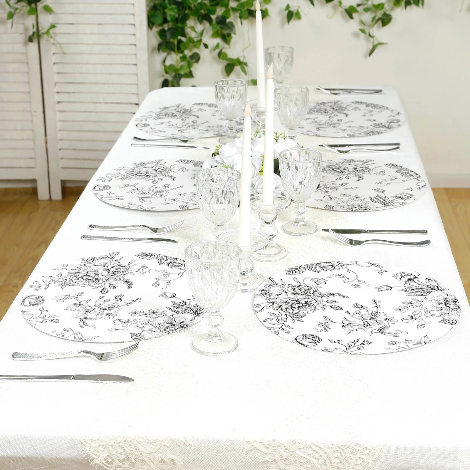 10-Pack Disposable Table Placemats in French Toile Print 13" in Matte White/Black - Classy Cardboard Placemats for Dinner Parties & Banquets - Image 2