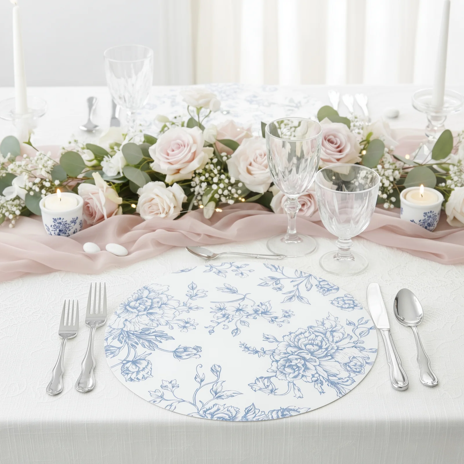 10-Pack Disposable Table Placemats in French Toile Print 13" in Matte White/Blue - Classy Cardboard Placemats for Dinner Parties & Banquets - Image 7