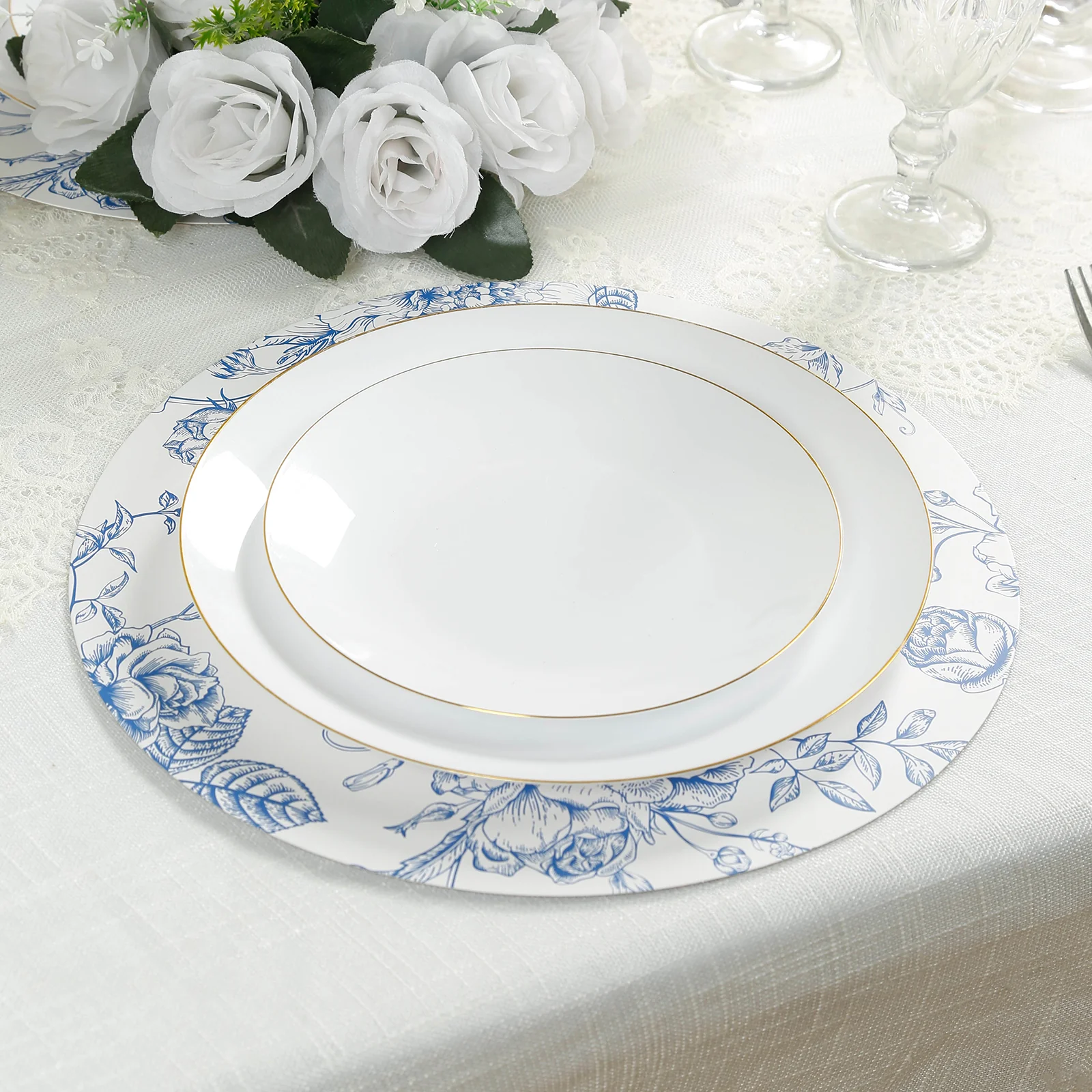 10-Pack Disposable Table Placemats in French Toile Print 13" in Matte White/Blue - Classy Cardboard Placemats for Dinner Parties & Banquets - Image 9