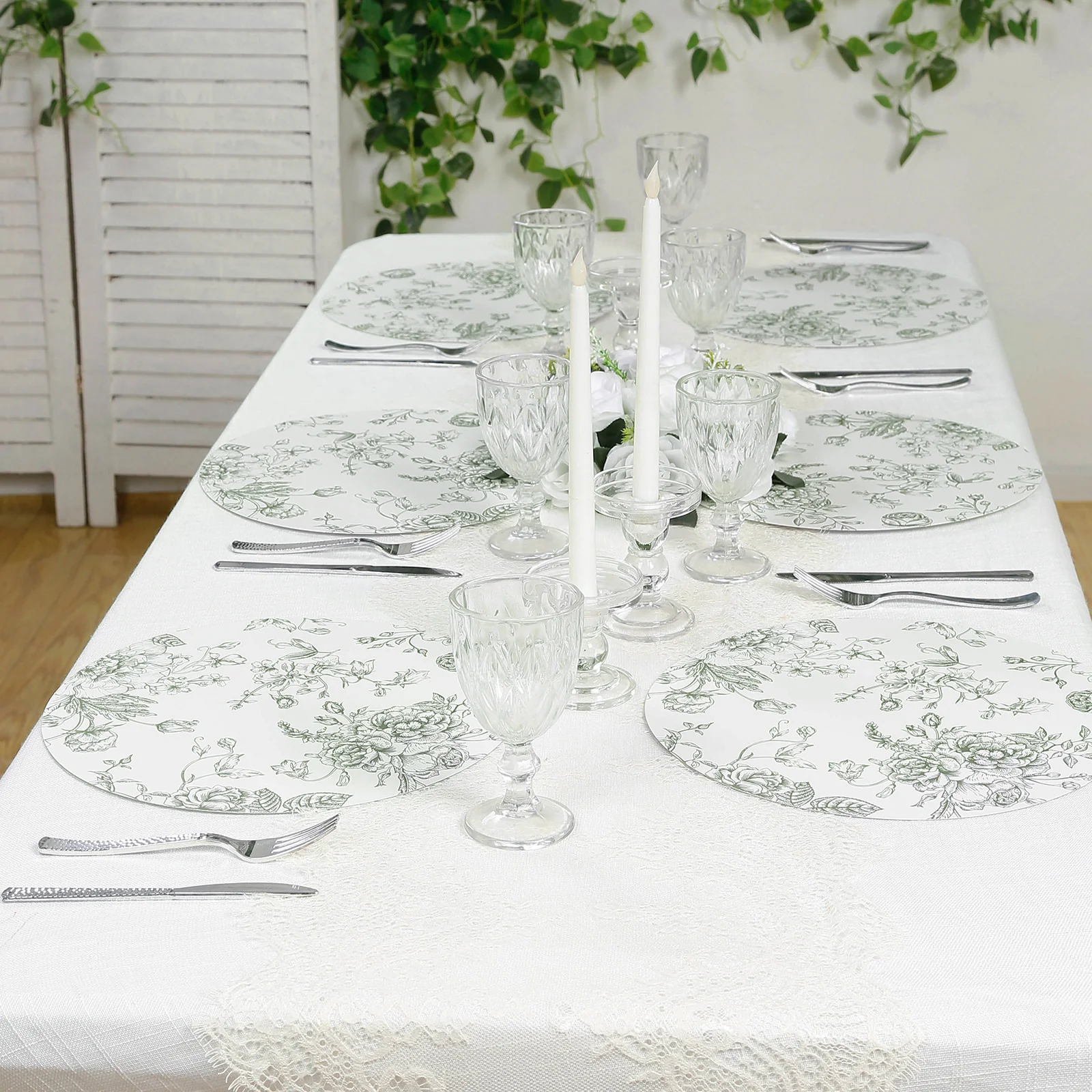 10-Pack Disposable Table Placemats in French Toile Print 13" in  Matte White/Sage Green - Classy Cardboard Placemats for Dinner Parties & Banquets - Image 2