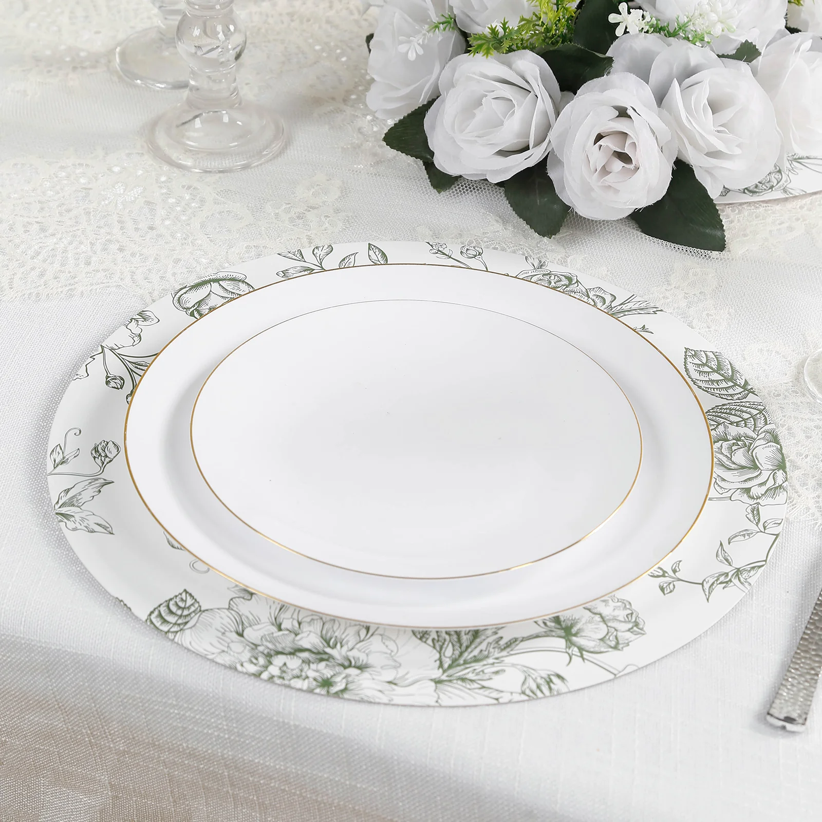 10-Pack Disposable Table Placemats in French Toile Print 13" in  Matte White/Sage Green - Classy Cardboard Placemats for Dinner Parties & Banquets - Image 6