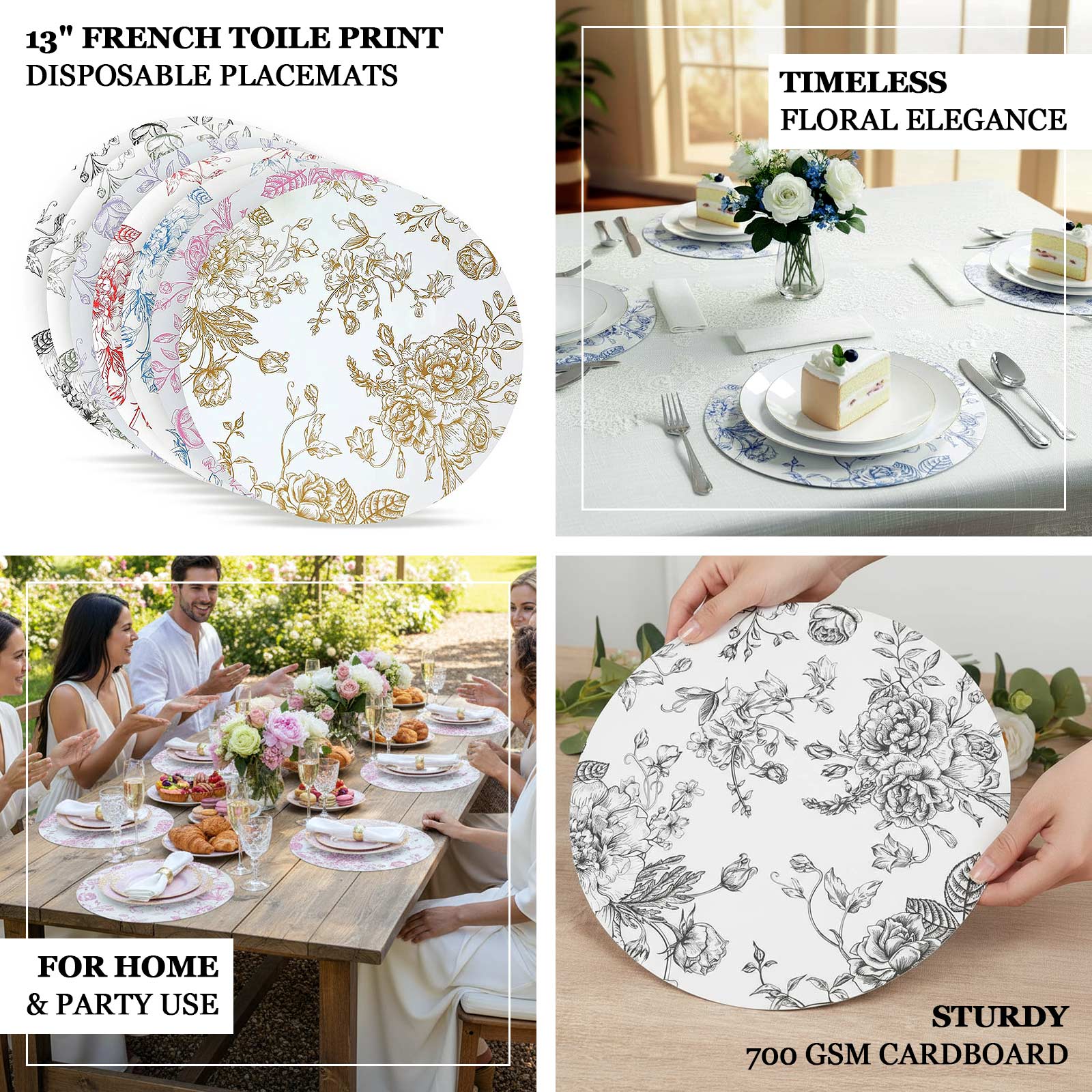 10-Pack Disposable Table Placemats in French Toile Print 13" in Matte White/Red - Classy Cardboard Placemats for Dinner Parties & Banquets - Image 4