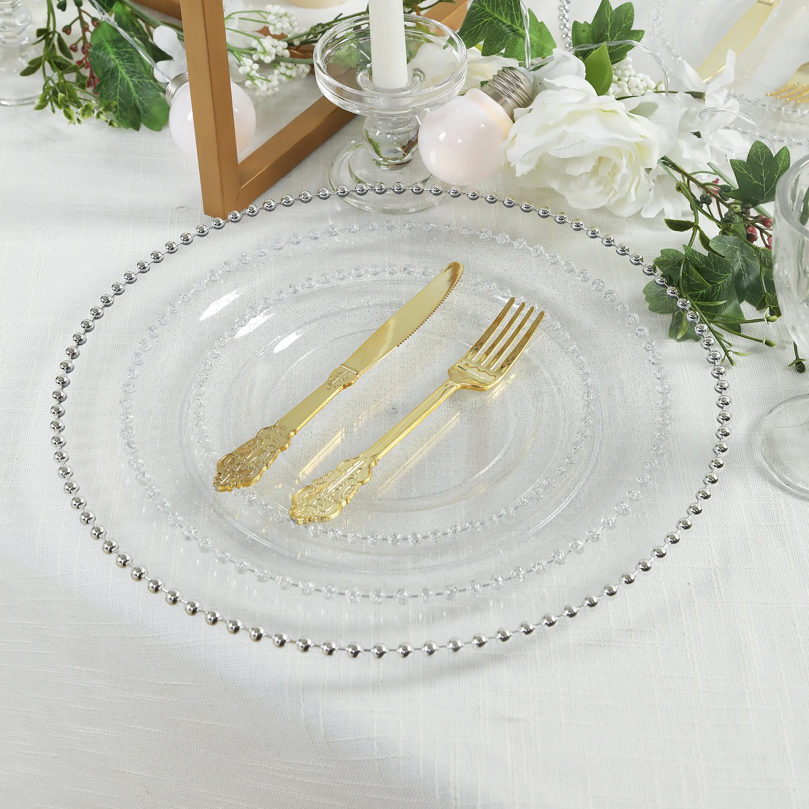 10-Pack Economy Plastic Charger Plates 13" Round Clear with Silver Beaded Rim - Stylish Dinner Party Serving Plates - Image 7