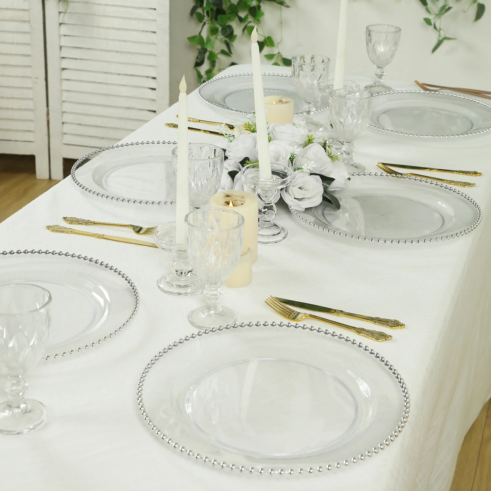 10-Pack Economy Plastic Charger Plates 13" Round Clear with Silver Beaded Rim - Stylish Dinner Party Serving Plates - Image 8