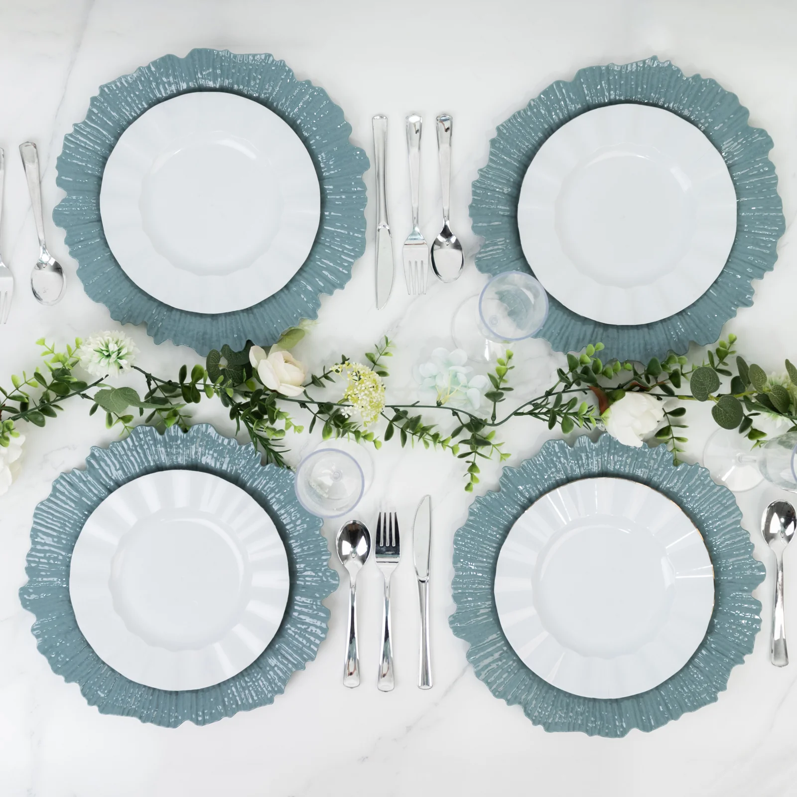 10 Pack Economy Plastic Charger Plates – 13" Dusty Blue Reef Rim Design Chargers for Weddings & Parties - Image 6