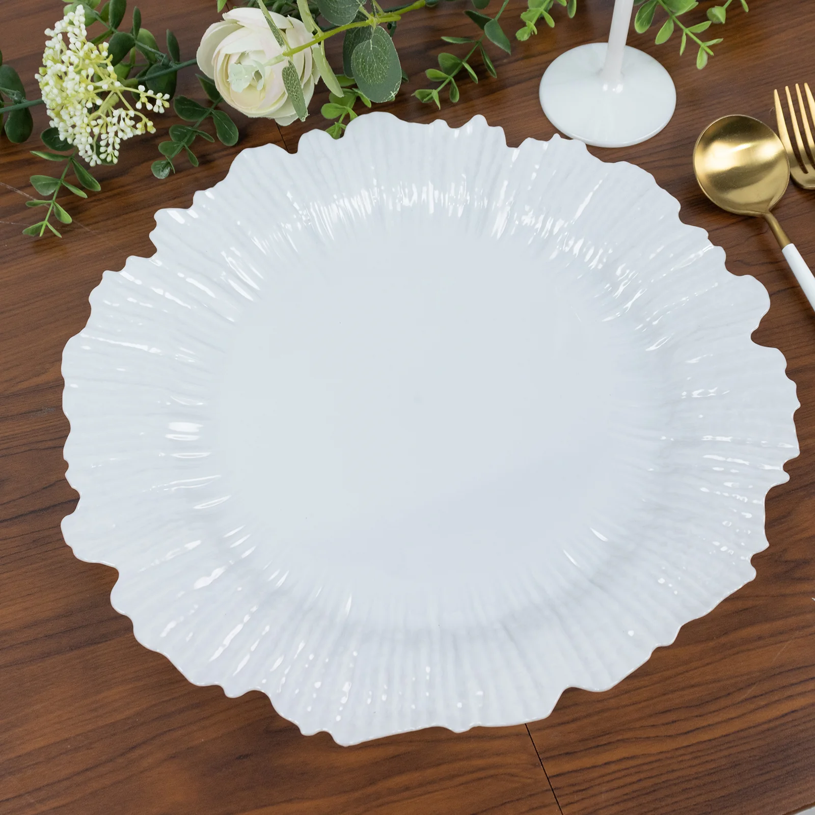 10 Pack Economy Plastic Charger Plates – 13" Pearl White Reef Rim Design Chargers for Weddings & Parties - Image 9