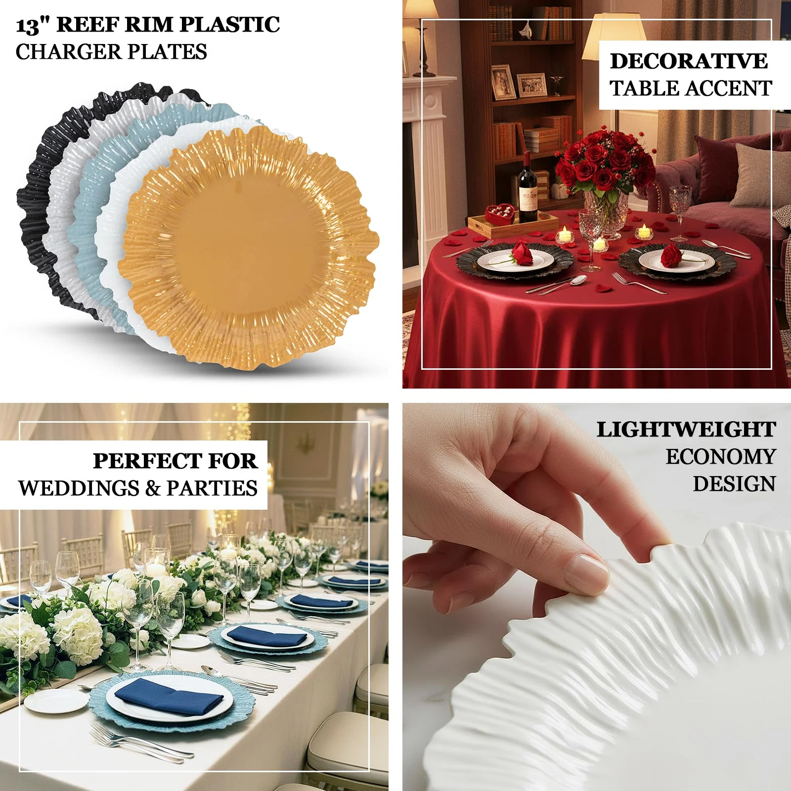 10 Pack Economy Plastic Charger Plates – 13" Silver Reef Rim Design Chargers for Weddings & Parties - Image 4