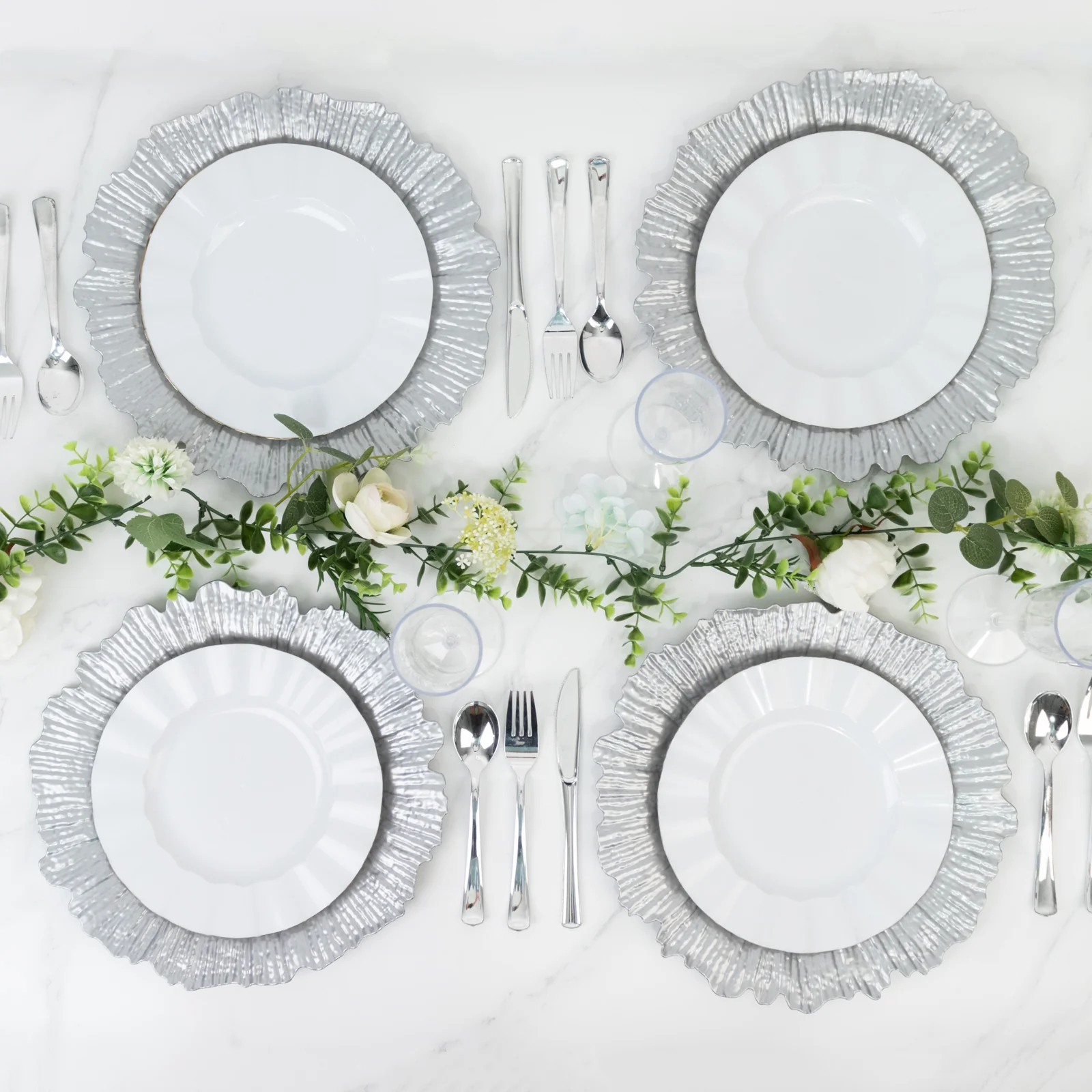 10 Pack Economy Plastic Charger Plates – 13" Silver Reef Rim Design Chargers for Weddings & Parties - Image 6