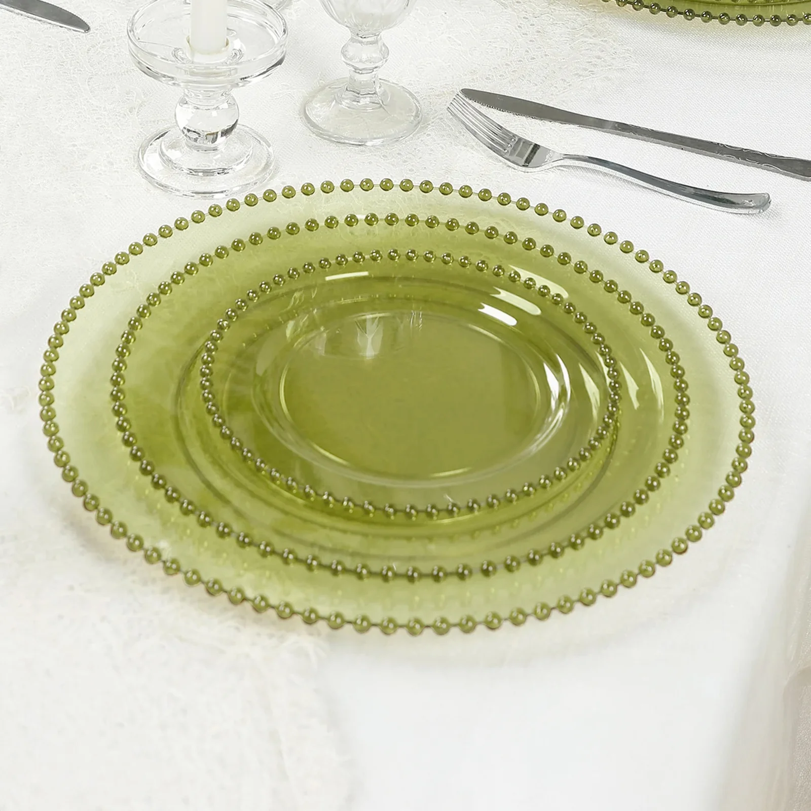 10-Pack Plastic Dessert Appetizer Plates in Transparent Dusty Sage Green with Beaded Rim, Disposable Round Salad Party Plates 8" - Image 10