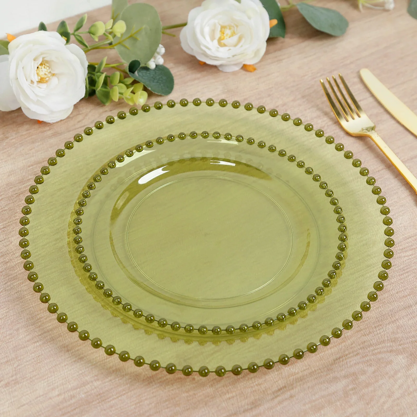 10-Pack Plastic Dessert Appetizer Plates in Transparent Dusty Sage Green with Beaded Rim, Disposable Round Salad Party Plates 8" - Image 9