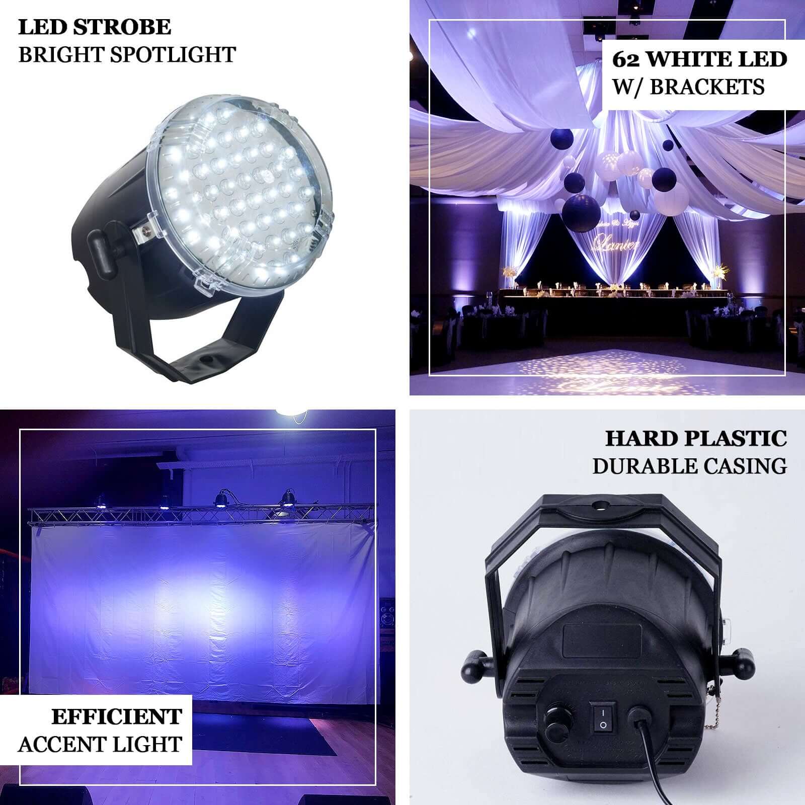 White 62 LED Stage Backdrop Uplight, Bright Strobe Spotlight With Brackets 10W - Image 4