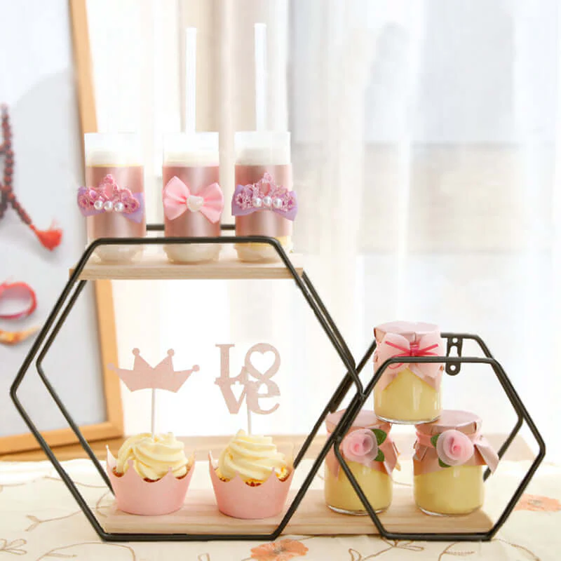2-Tier Hexagon Floating Shelf, Dessert Display Stand With Black Double Geometric Design 10"x17"