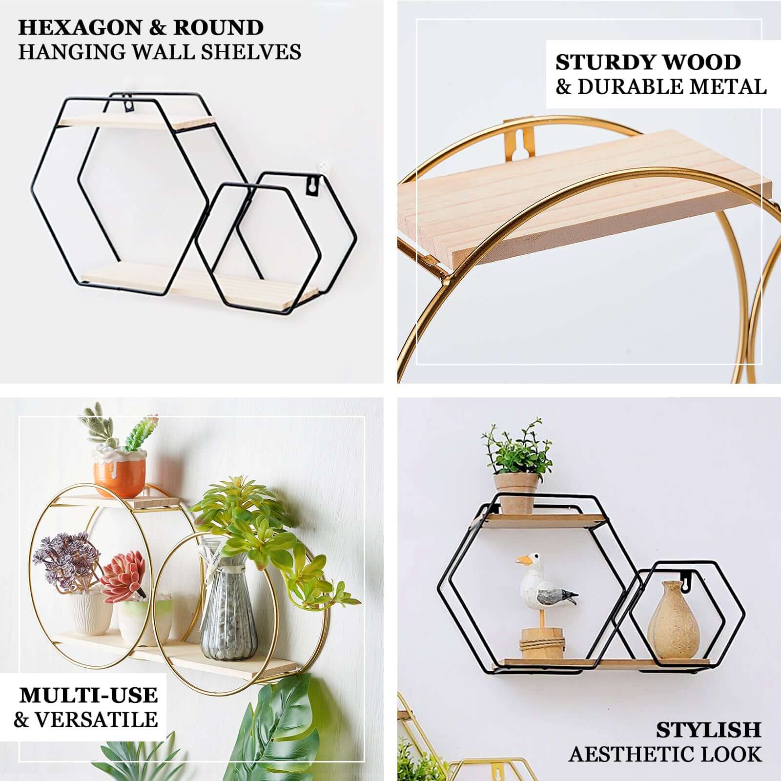 2-Tier Hexagon Floating Shelf, Dessert Display Stand With Black Double Geometric Design 10"x17" - Image 4
