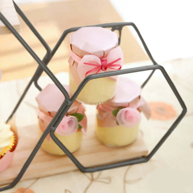 2-Tier Hexagon Floating Shelf, Dessert Display Stand With Black Double Geometric Design 10"x17" - Image 8