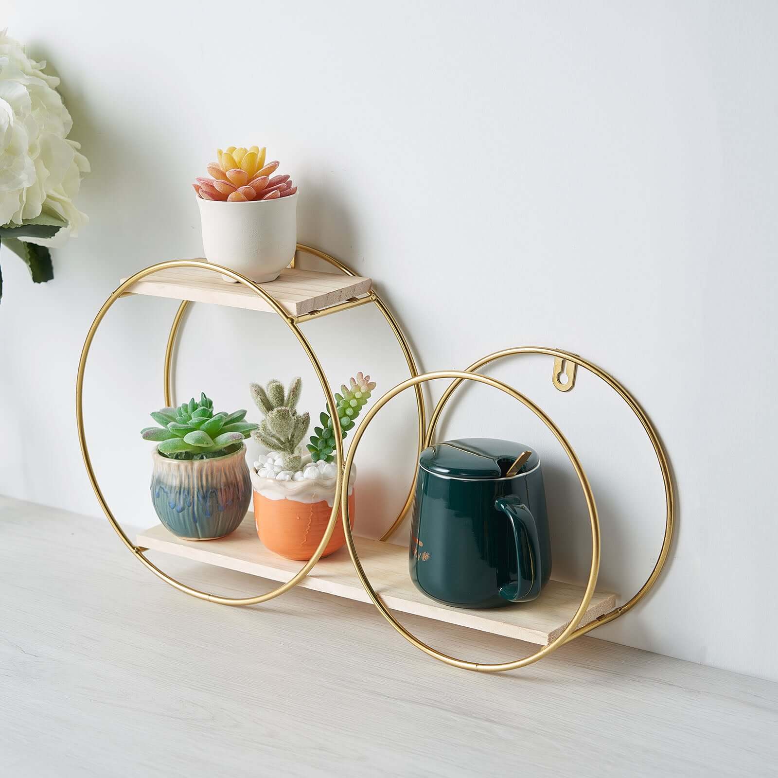 2-Tier Round Floating Shelf, Dessert Display Stand, Hanging Wall Shelf Gold With Double Hoop Design 10"x18" - Image 11
