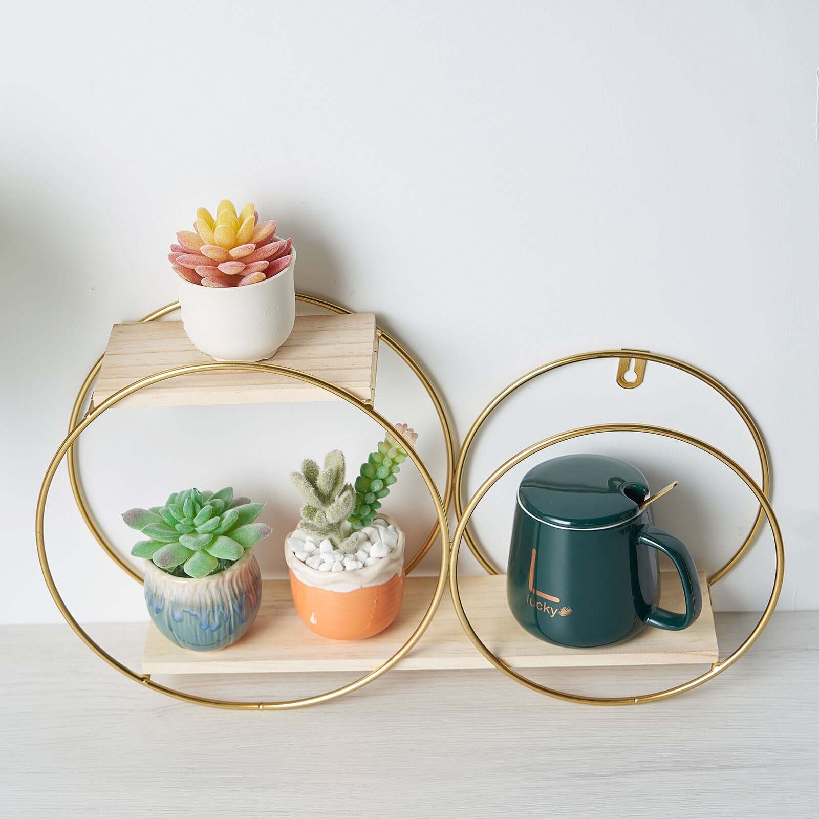 2-Tier Round Floating Shelf, Dessert Display Stand, Hanging Wall Shelf Gold With Double Hoop Design 10"x18" - Image 13