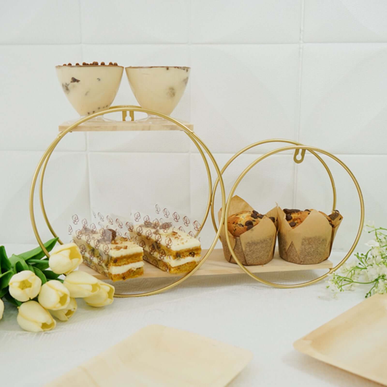 2-Tier Round Floating Shelf, Dessert Display Stand, Hanging Wall Shelf Gold With Double Hoop Design 10"x18" - Image 16