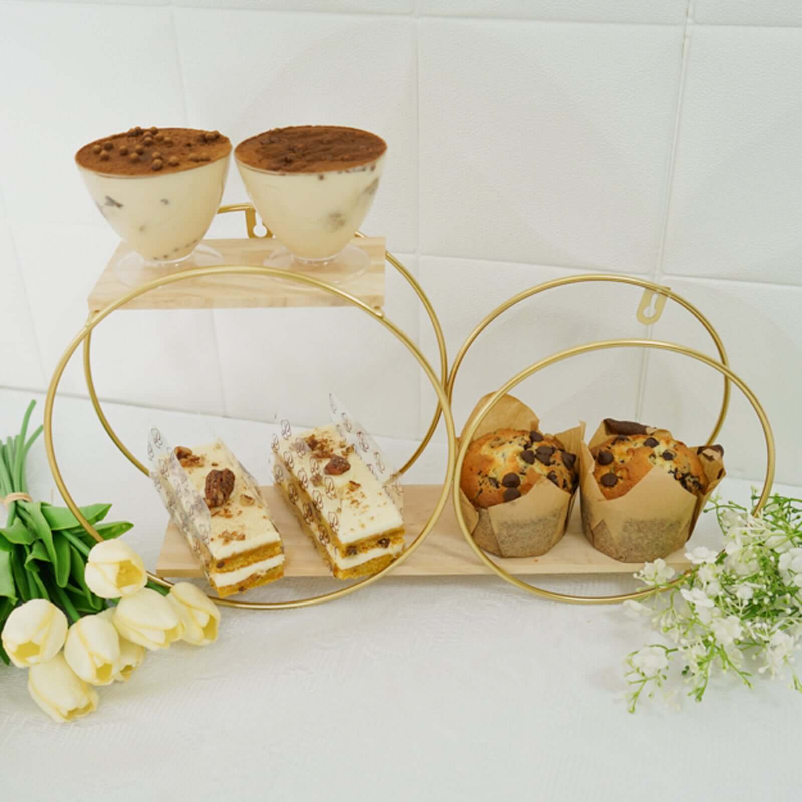 2-Tier Round Floating Shelf, Dessert Display Stand, Hanging Wall Shelf Gold With Double Hoop Design 10"x18" - Image 17
