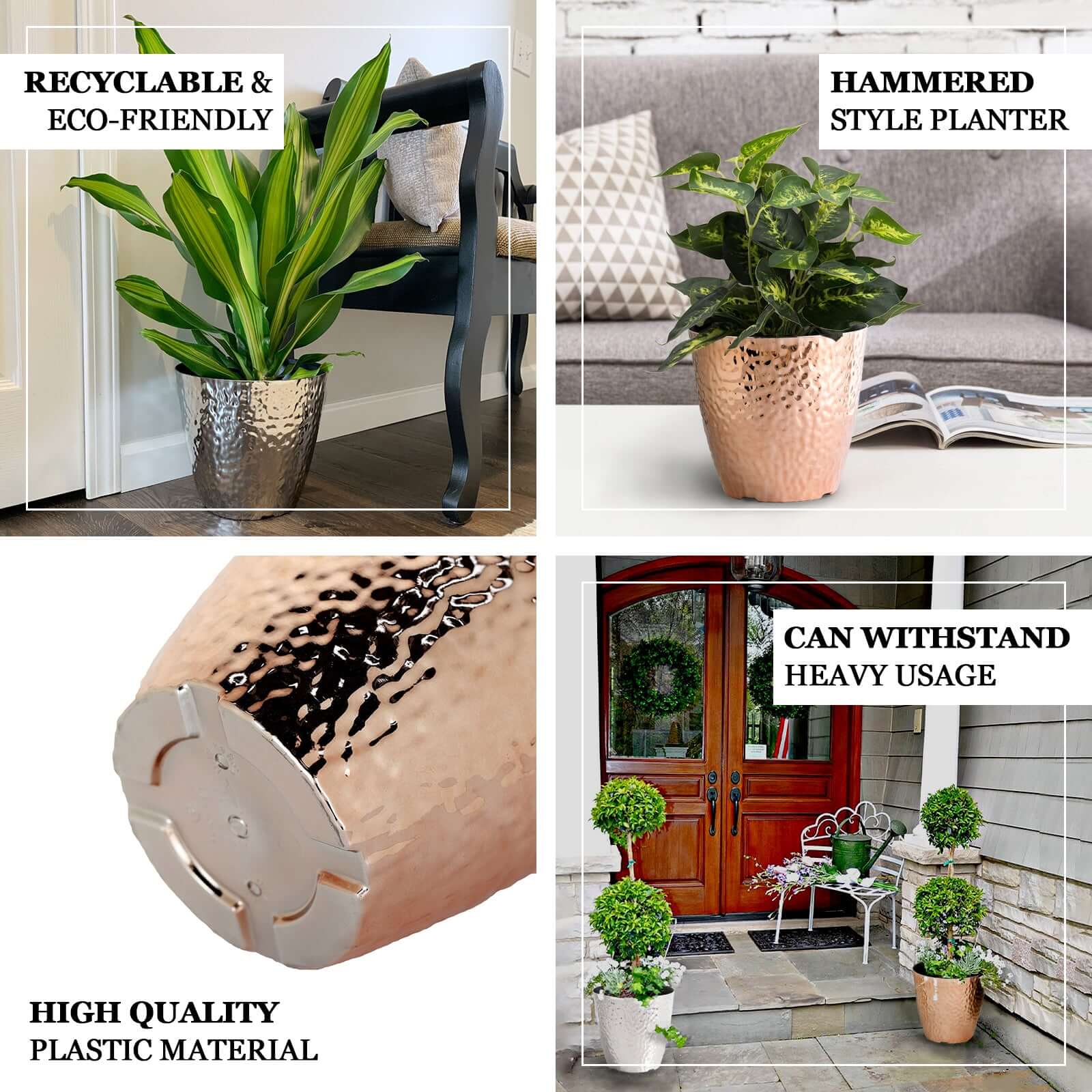 Gold Hammered Design Large Indoor Flower Plant Pot, Decorative Greenery Planter 11" - Image 4
