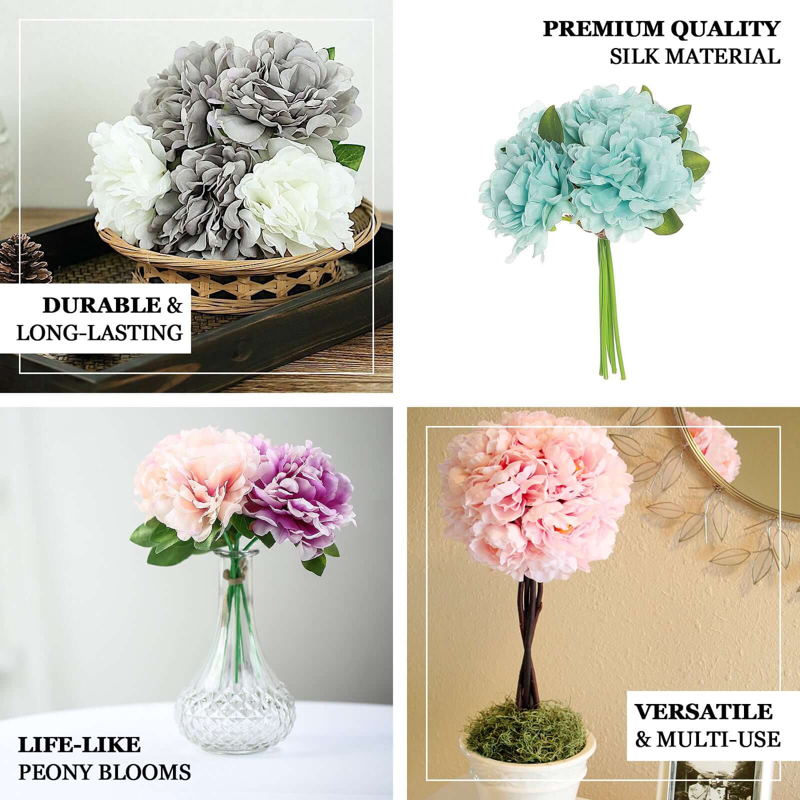 Mulberry Real Touch Artificial Silk Peonies Flower Bouquet 11" - Image 4