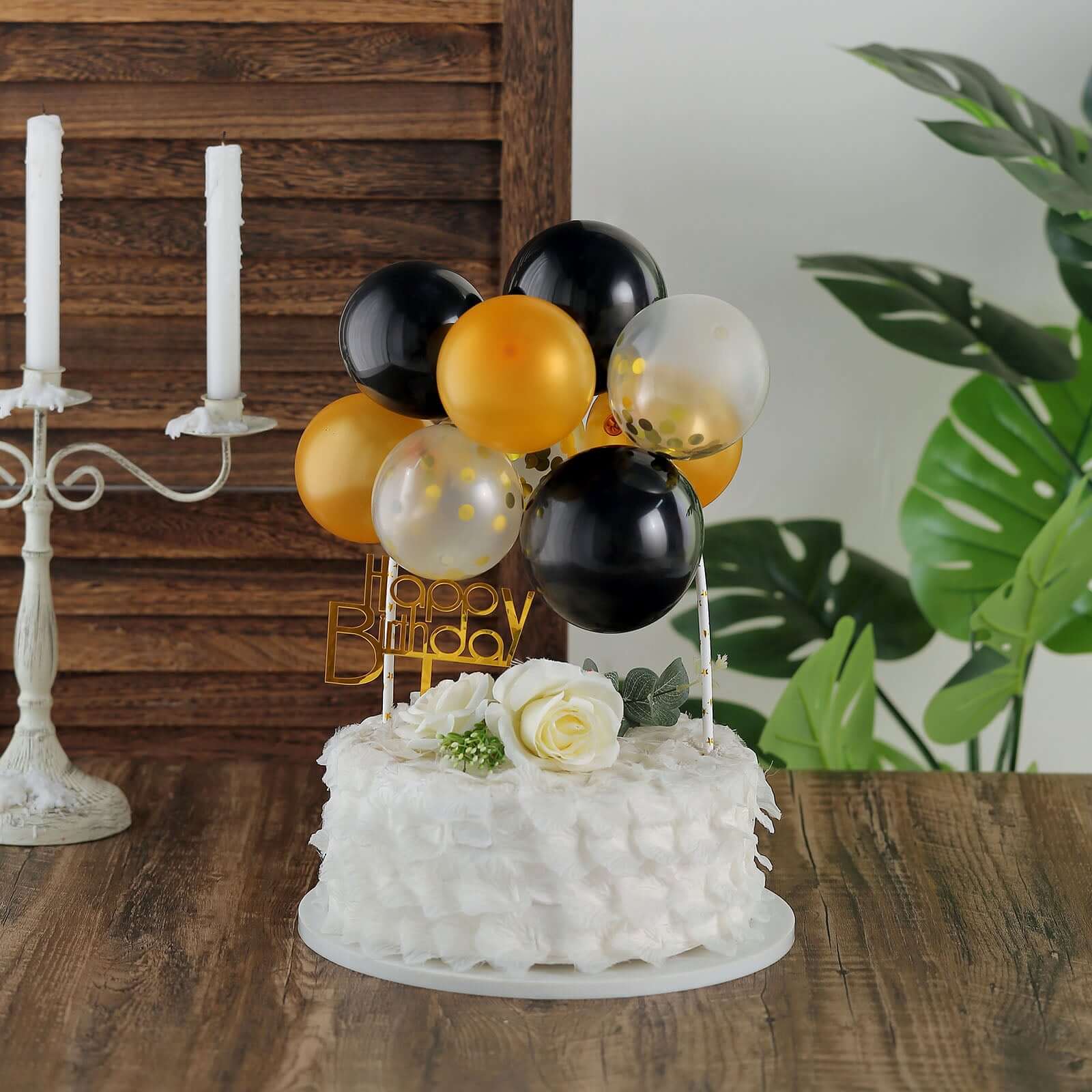 11 Pcs Confetti Balloon Cake Topper Black, Clear and Gold - Vibrant Clustered Mini Garland Cake Inserts for DIY Party Decorations