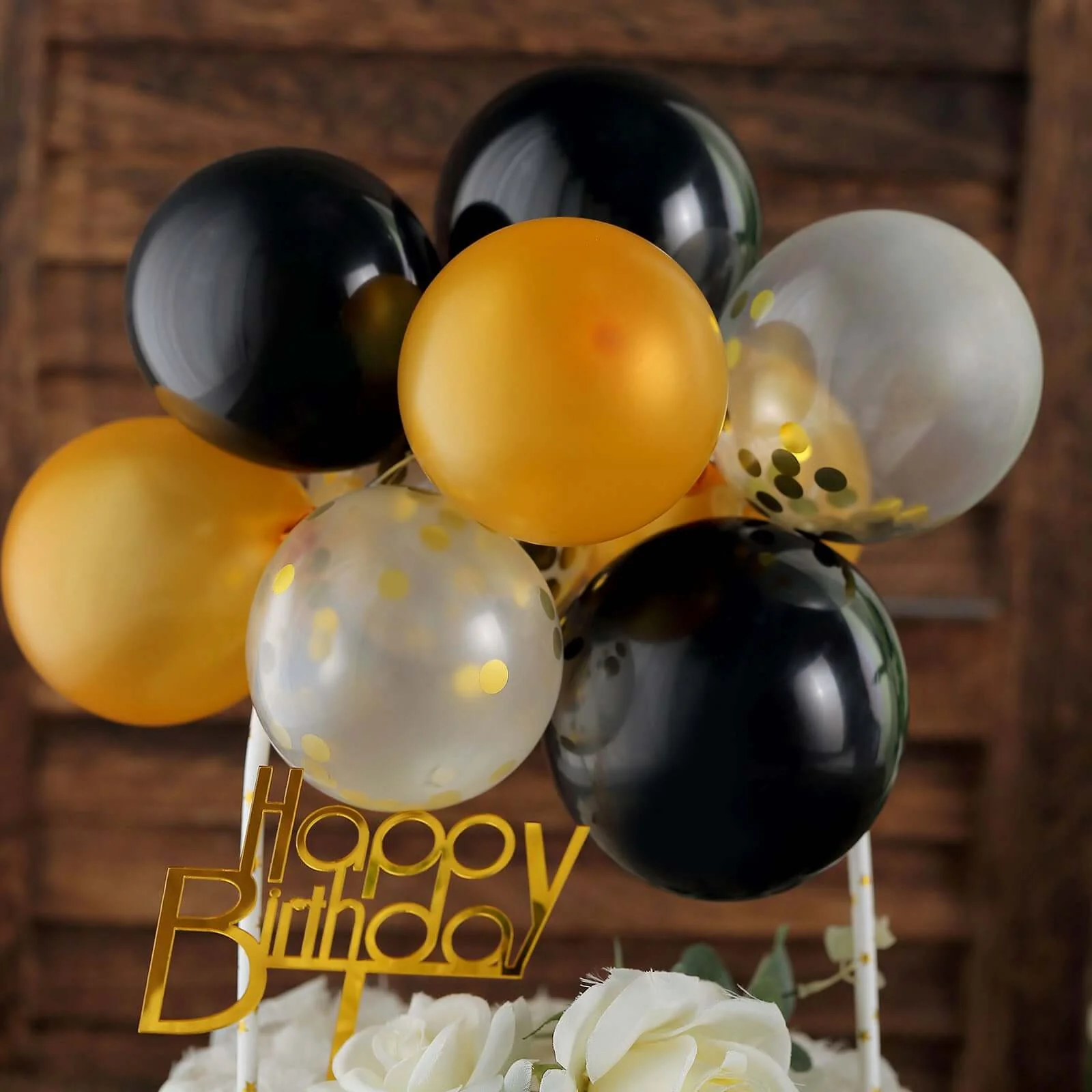 11 Pcs Confetti Balloon Cake Topper Black, Clear and Gold - Vibrant Clustered Mini Garland Cake Inserts for DIY Party Decorations - Image 2