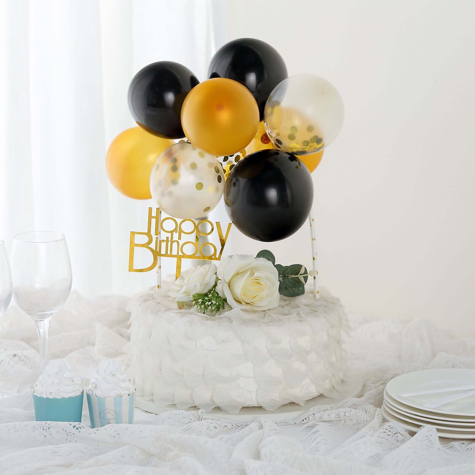 11 Pcs Confetti Balloon Cake Topper Black, Clear and Gold - Vibrant Clustered Mini Garland Cake Inserts for DIY Party Decorations - Image 5