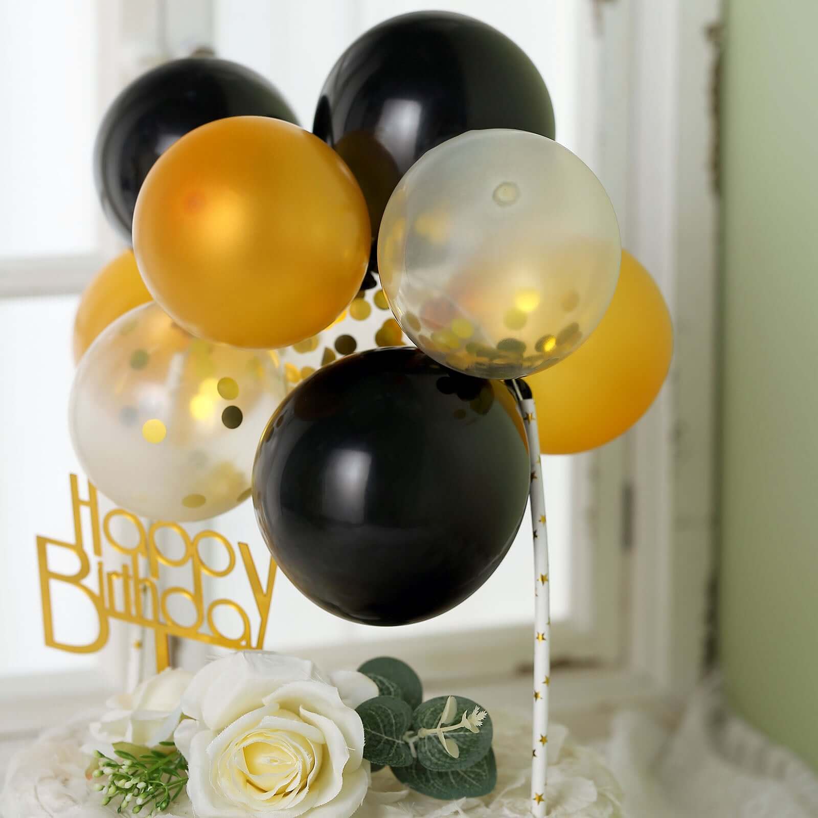 11 Pcs Confetti Balloon Cake Topper Black, Clear and Gold - Vibrant Clustered Mini Garland Cake Inserts for DIY Party Decorations - Image 6