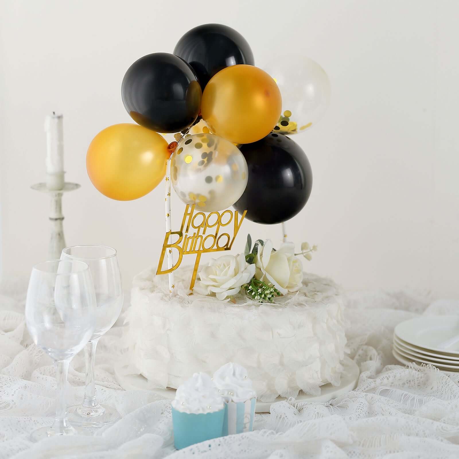 11 Pcs Confetti Balloon Cake Topper Black, Clear and Gold - Vibrant Clustered Mini Garland Cake Inserts for DIY Party Decorations - Image 9