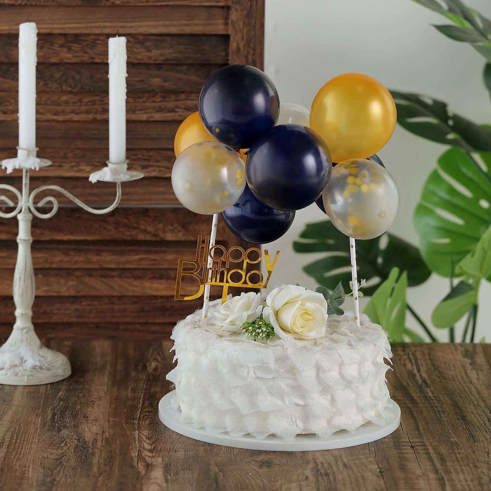 11 Pcs Confetti Balloon Cake Topper Kit Clear, Gold and Navy Blue - Vibrant Clustered Mini Garland Cake Inserts for DIY Party Decorations