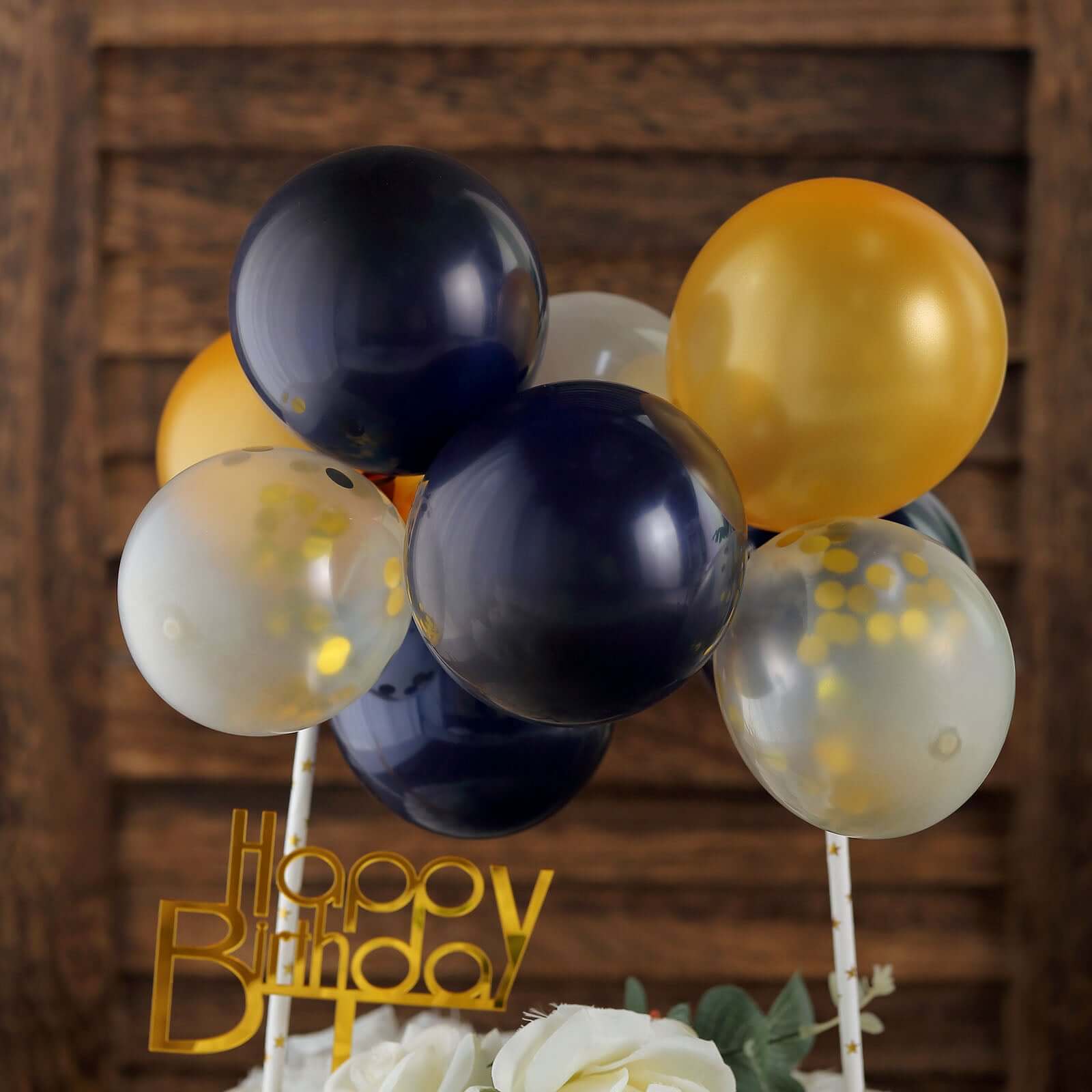 11 Pcs Confetti Balloon Cake Topper Kit Clear, Gold and Navy Blue - Vibrant Clustered Mini Garland Cake Inserts for DIY Party Decorations - Image 2