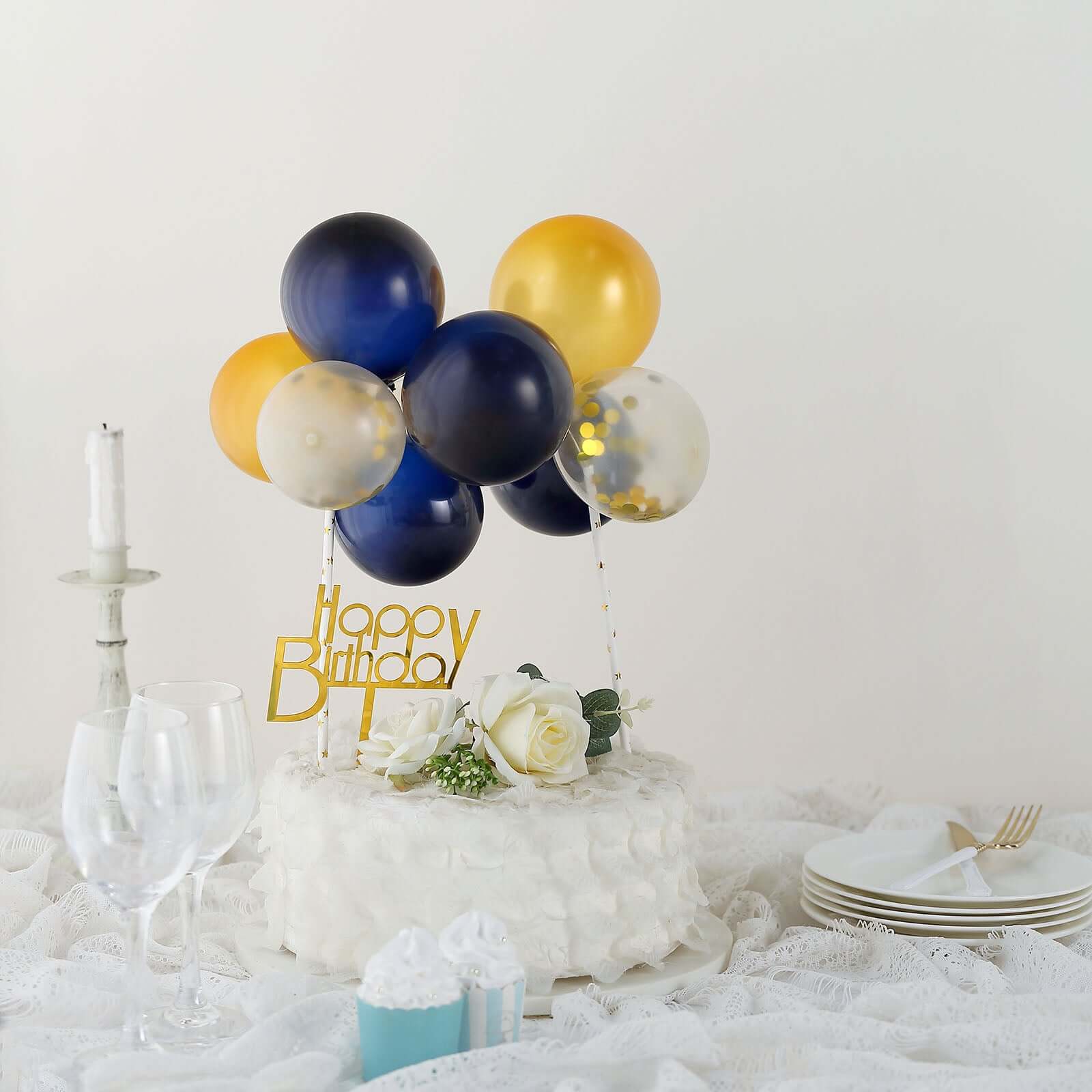 11 Pcs Confetti Balloon Cake Topper Kit Clear, Gold and Navy Blue - Vibrant Clustered Mini Garland Cake Inserts for DIY Party Decorations - Image 5