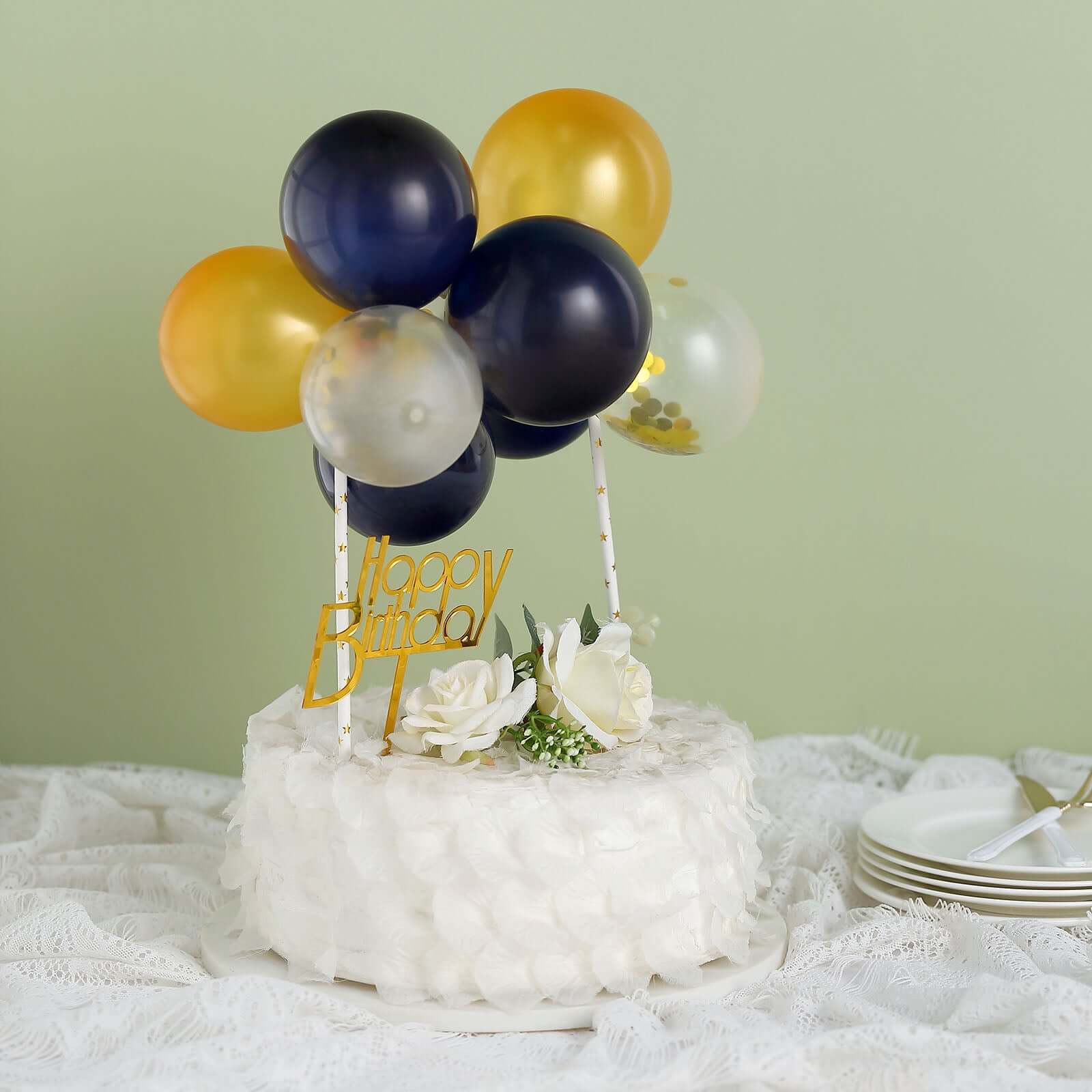 11 Pcs Confetti Balloon Cake Topper Kit Clear, Gold and Navy Blue - Vibrant Clustered Mini Garland Cake Inserts for DIY Party Decorations - Image 6