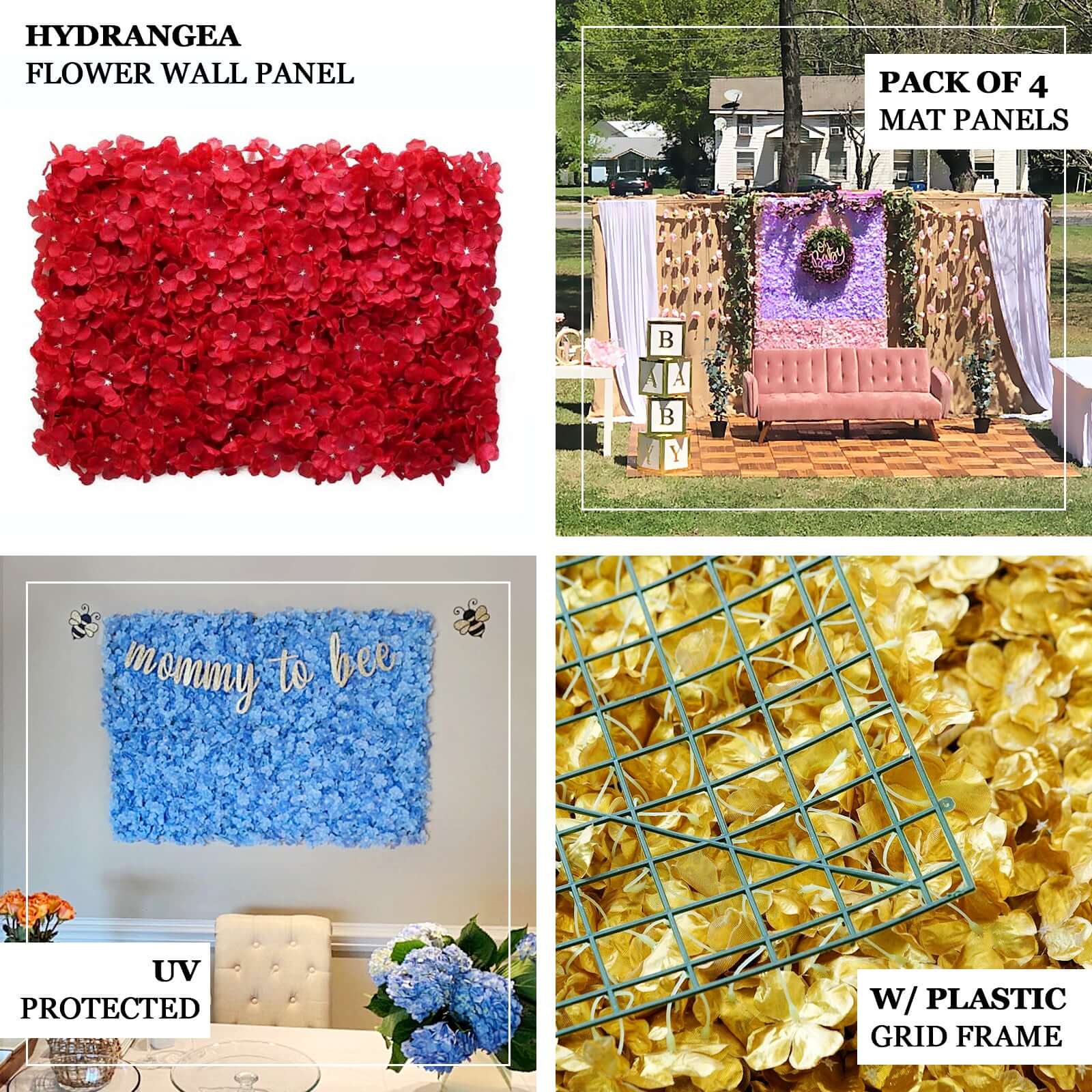 Gold UV Protected Hydrangea Flower Wall Mat Backdrop 4 Artificial Panels 11 Sq ft. - Image 4