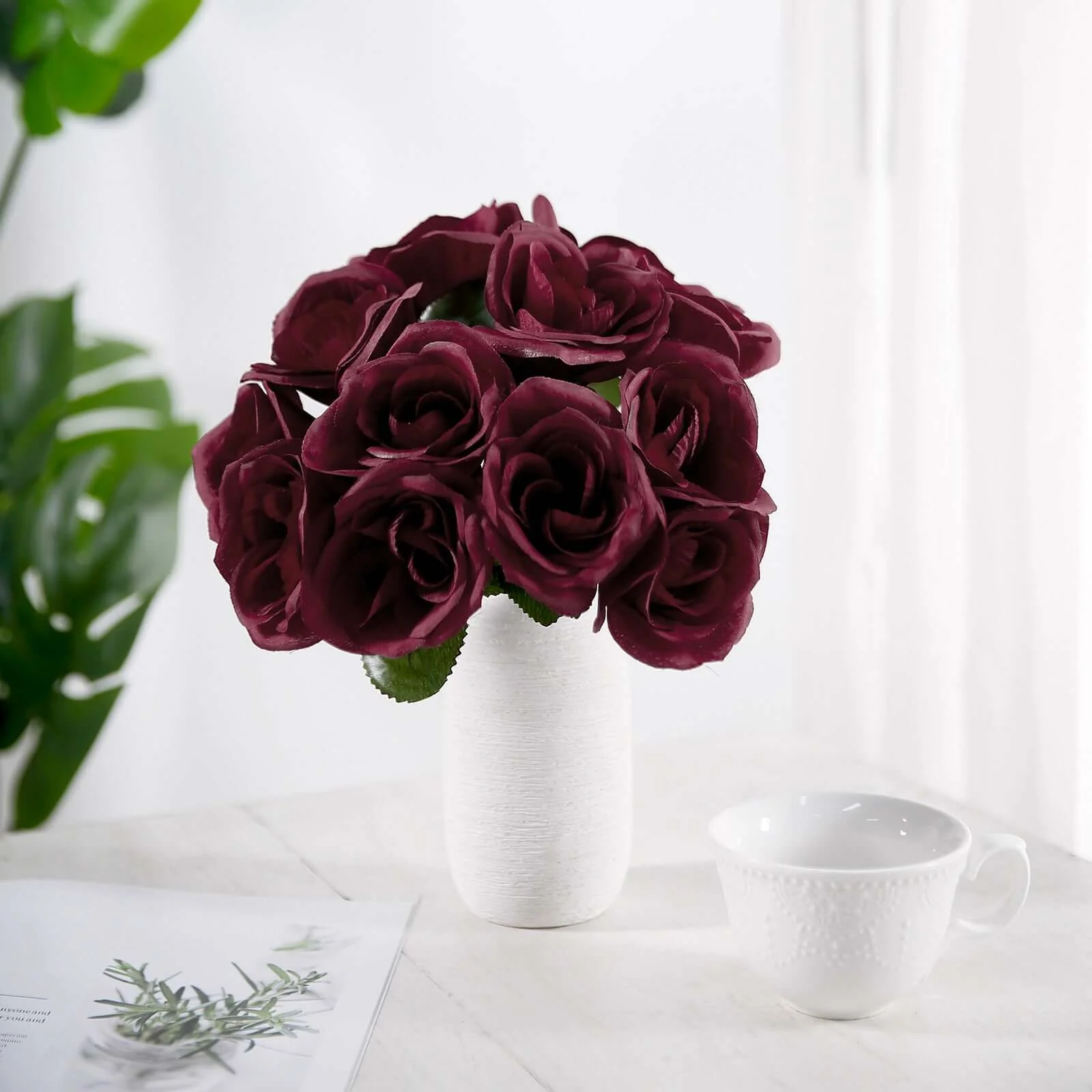 Burgundy Artificial Velvet-Like Fabric Rose Flower Bouquet Bush 12"