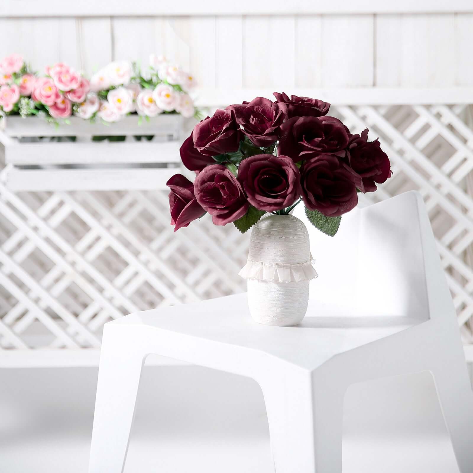Burgundy Artificial Velvet-Like Fabric Rose Flower Bouquet Bush 12" - Image 2
