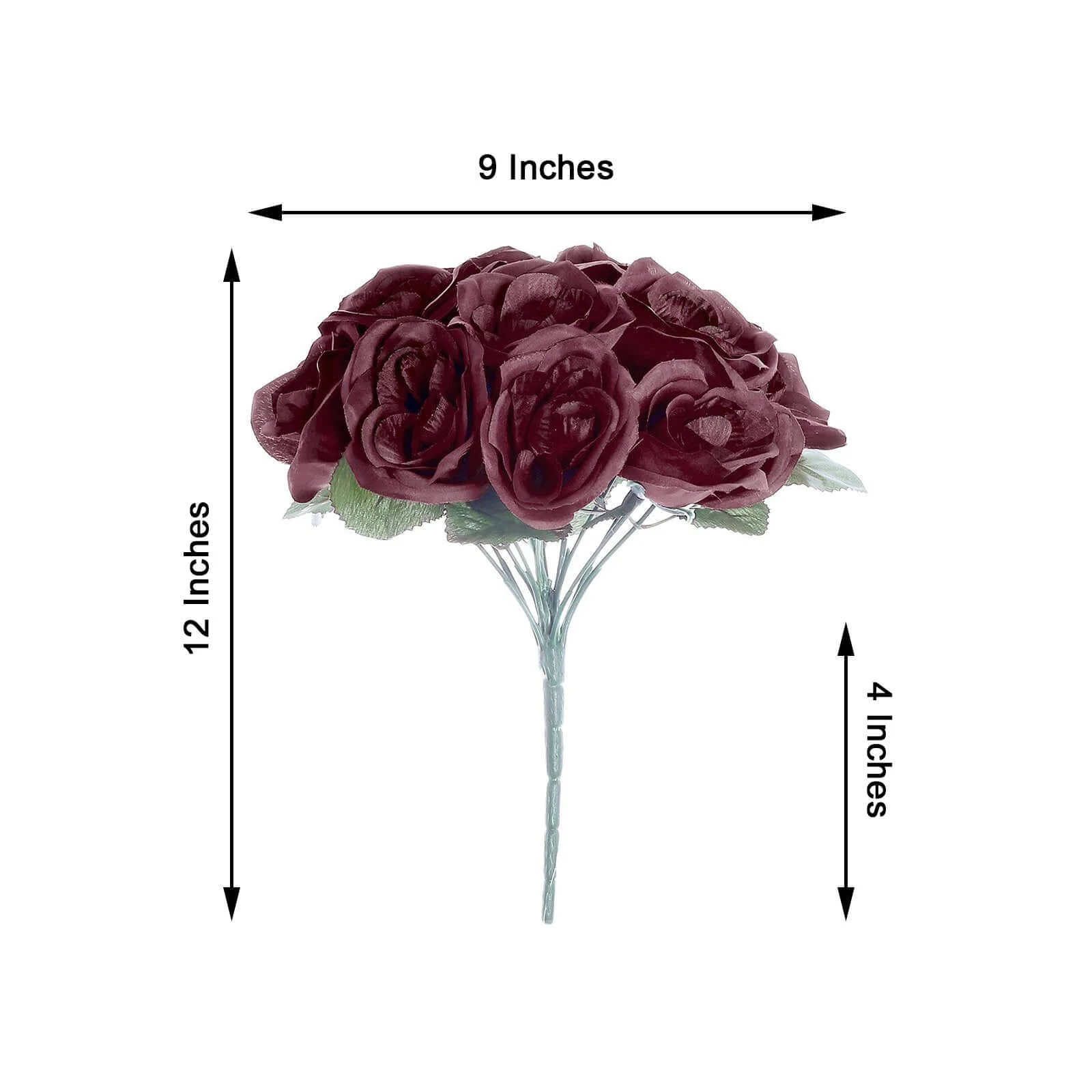 Burgundy Artificial Velvet-Like Fabric Rose Flower Bouquet Bush 12" - Image 3