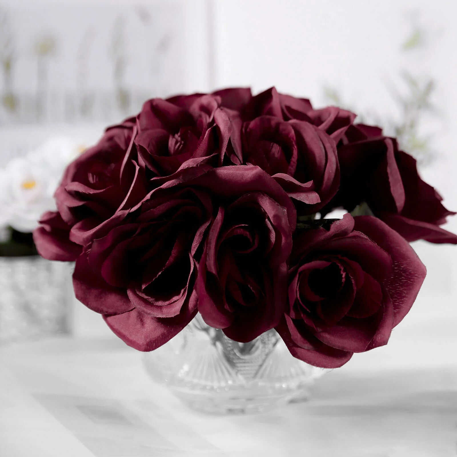 Burgundy Artificial Velvet-Like Fabric Rose Flower Bouquet Bush 12" - Image 7