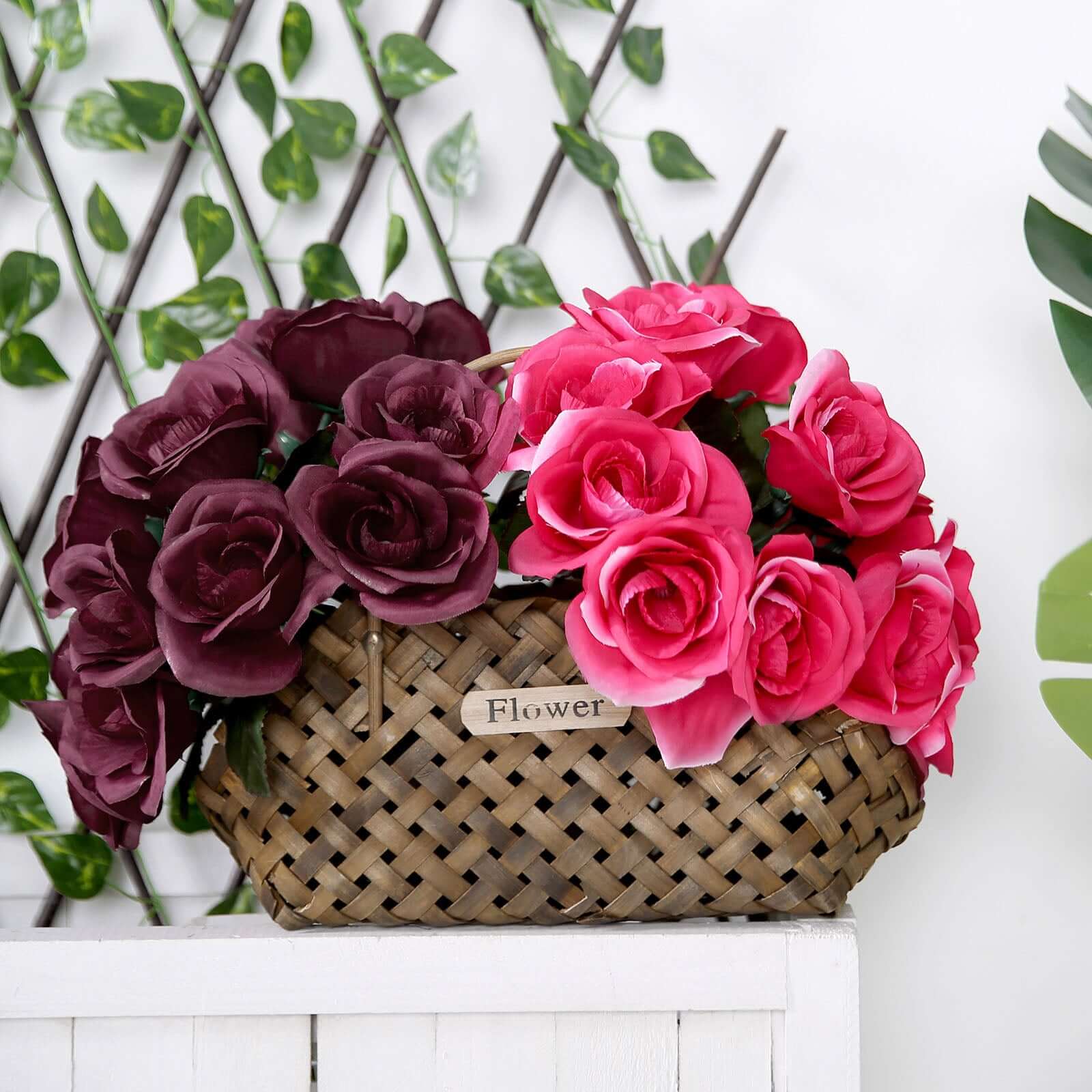 Burgundy Artificial Velvet-Like Fabric Rose Flower Bouquet Bush 12" - Image 8